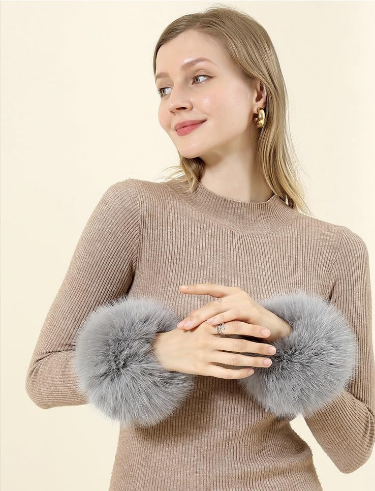 JOIUXNER Winter Arm Warmers for Women Grey Fuzzy Faux Fur Short Wrist Cuff Soft Fluffy Plush Wrist Cuffs Sleeves for Girls