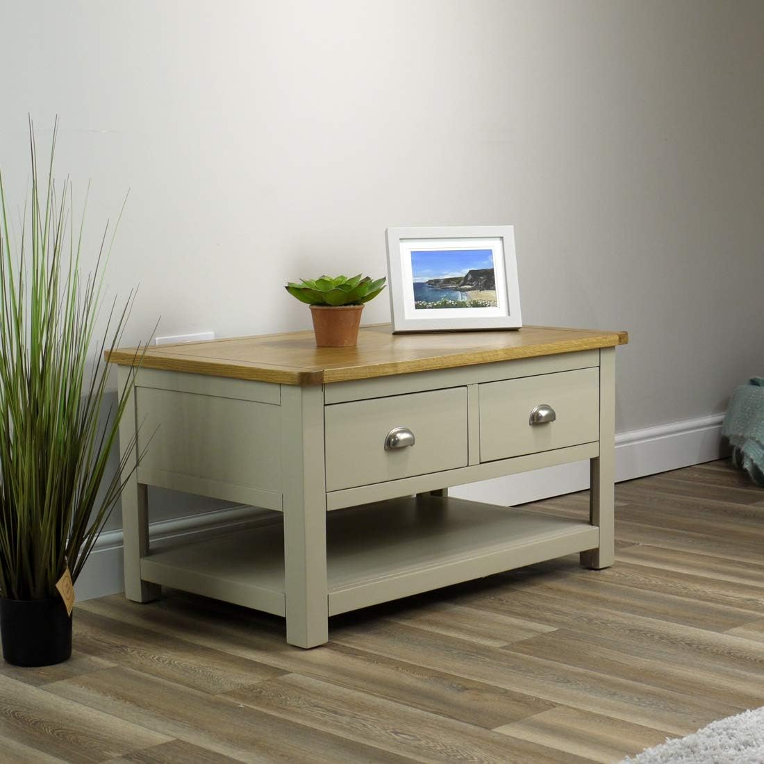 Wellington Painted Oak Grey 2 Drawer Coffee Table & Shelf - With Solid Oak Top