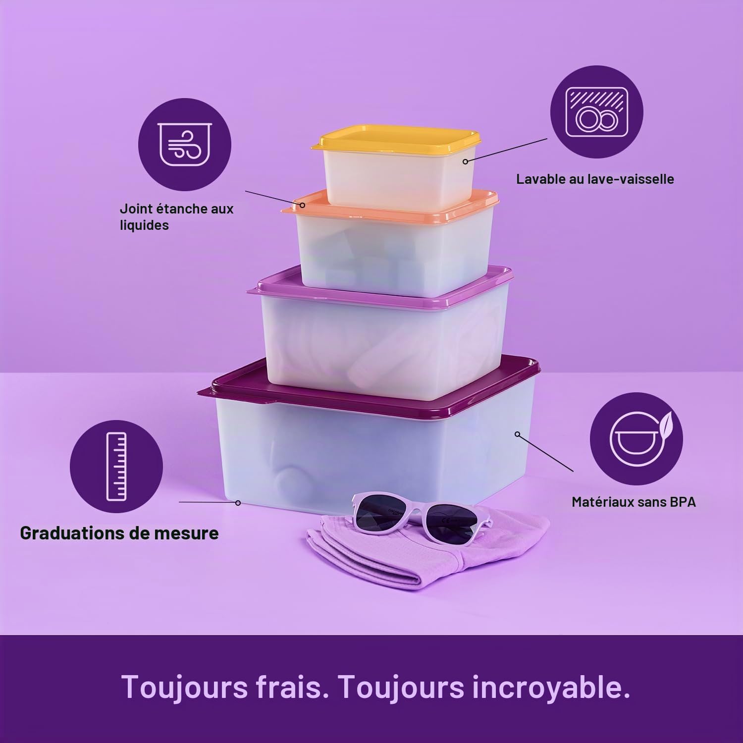 Tupperware Keeptabs Lot de 4 boîtes de rangement empilables pour aliments – Couvercles multicolores, emboîtables, passent au lave-vaisselle et sans BPA