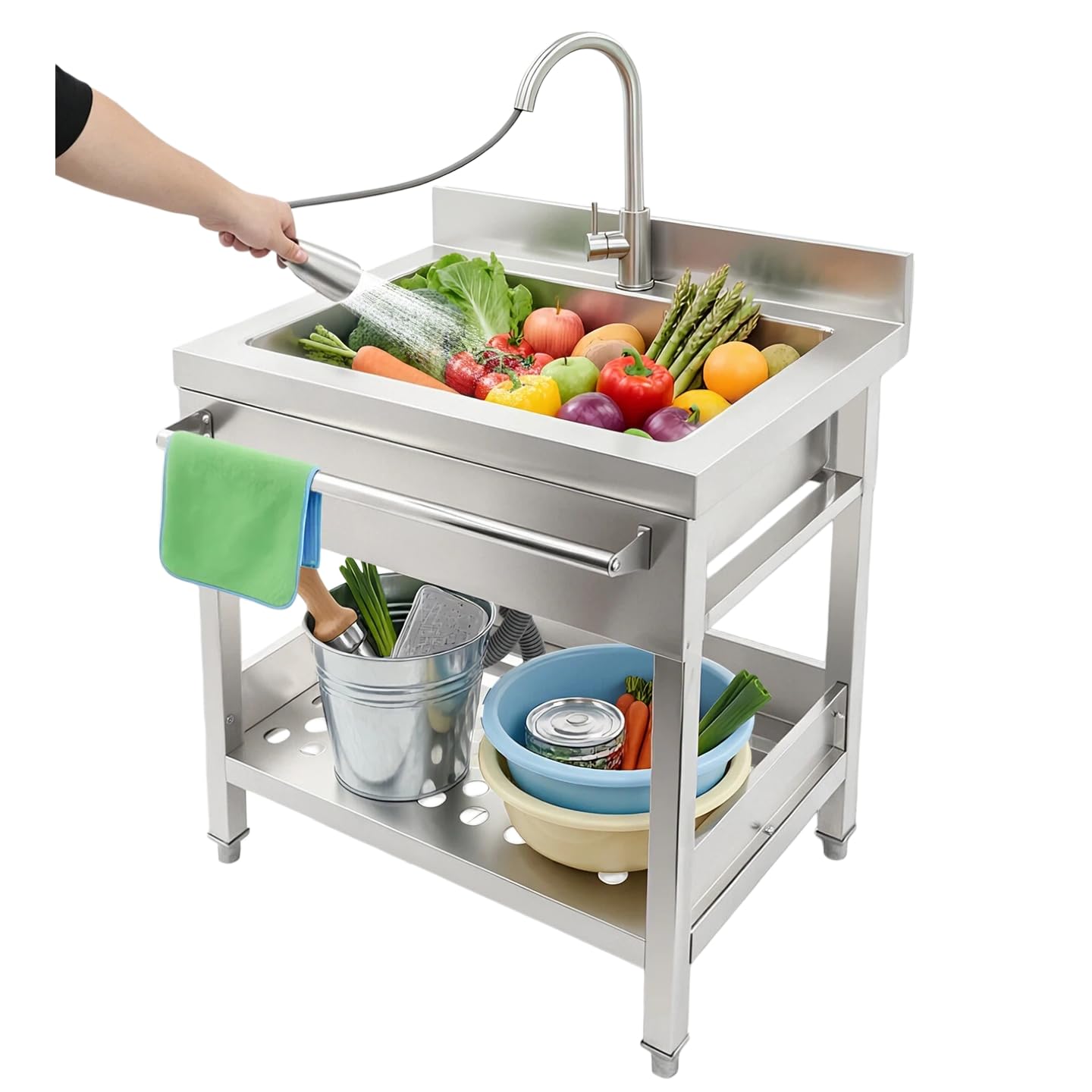 Lavello autoportante in acciaio inox con barra trasversale, 65 x