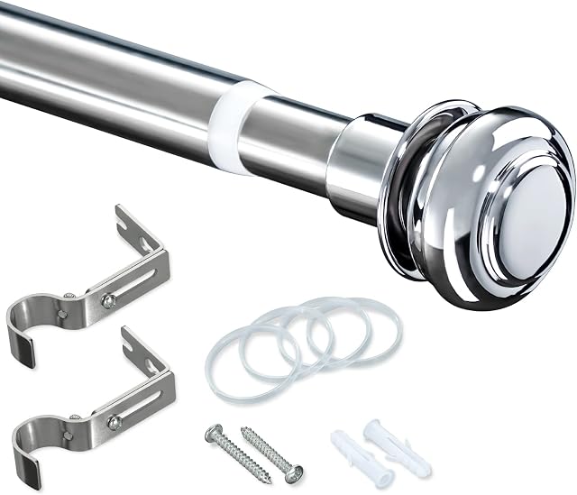 INFLATION Curtain Poles, Silver Adjustable Single Curtain Rod Set 86cm-269cm with Brackets Drapery Rods for Window Kitchen, Bedroom