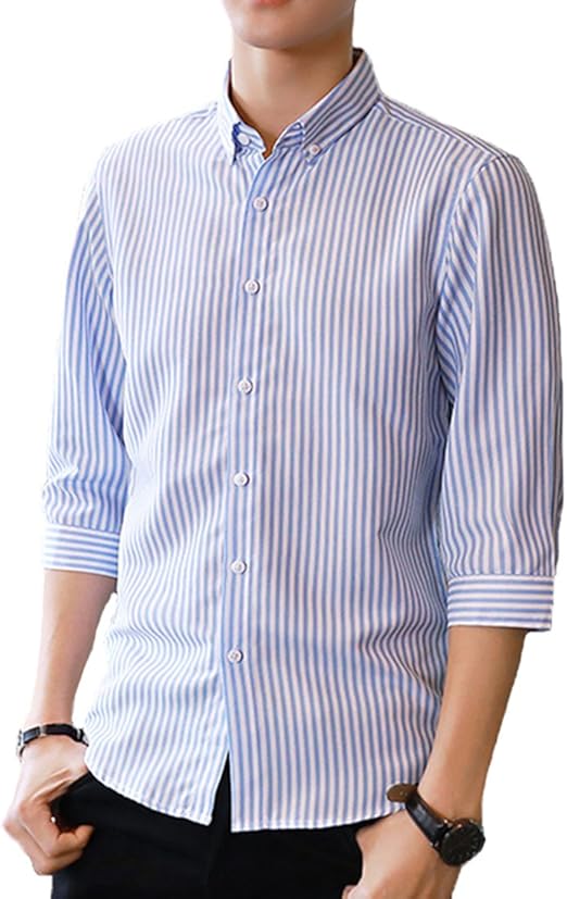 Amazon Gobuye シャツ メンズ Yシャツ メンズ ワイシャツ 細身 スリム 七分袖 メンズ シャツ ボタンアップ ストライプ シャツ カジュアル 春 夏 S58 ライトブルー Xl シャツ 通販