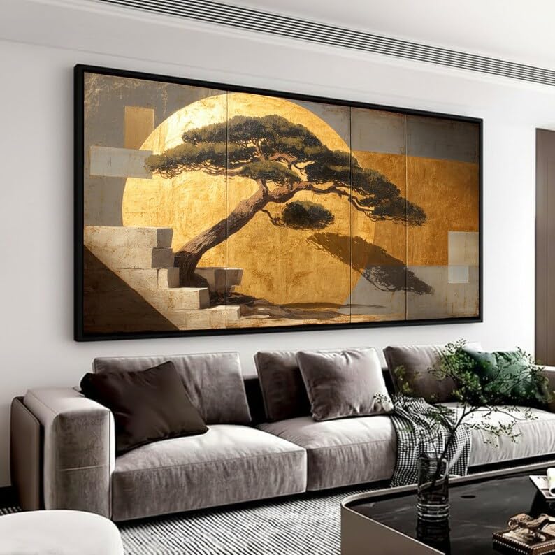 Toile bonsaï soleil d'or 30x50 cm, peinture sur châssis de prestige