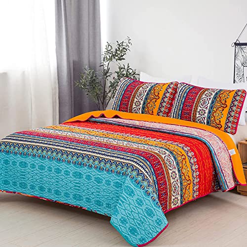 Wongs Bedding Boho Quilt California King Size, Orange And Blue Bohemian California King Quilt Set Oversized, All Season Lightweight Bedspread Coverlet Set For Bedroom Decro 96"X106" (3 Pieces) #TOP3