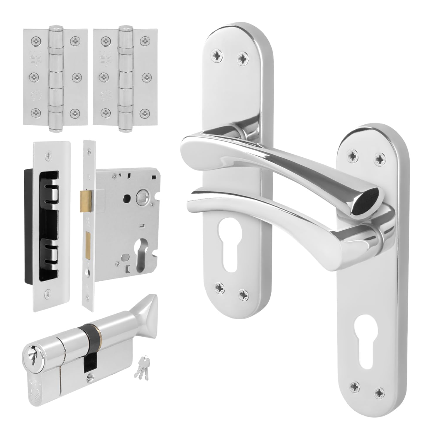 Eai Polished Chrome Chrome Door Handle Euro Lock, Thumbturn Cylinder Set, 1 Pair Internal Door Handle, Lock, Hinges - Novoli
