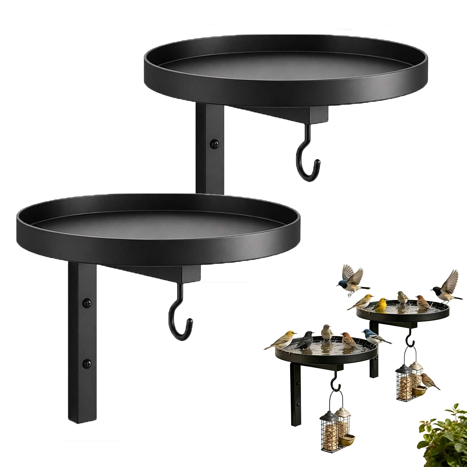 Metal Wall Mounted Bird Bath, with Hanging Hook for Feeders, Black Deck Railing Bird Bath Bowl, Weatherproof Outside Tray for Balcony, Fence, Yard & Garden Wall Decor，2pcs