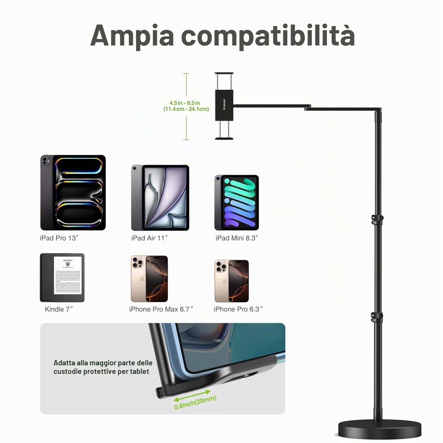 elitehood Supporto da pavimento regolabile per tablet con base resistente, supporto orizzontale da 24 pollici per iPad da pavimento per letto e divano, compatibile con iPad mini Air Pro 13/4,7-13