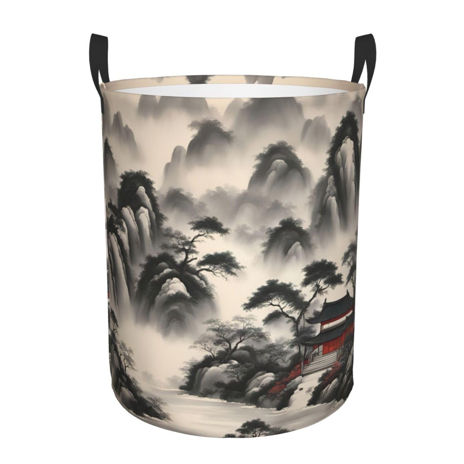 S Collapsible Laundry Hamper Round Landscape Painting Print Storage