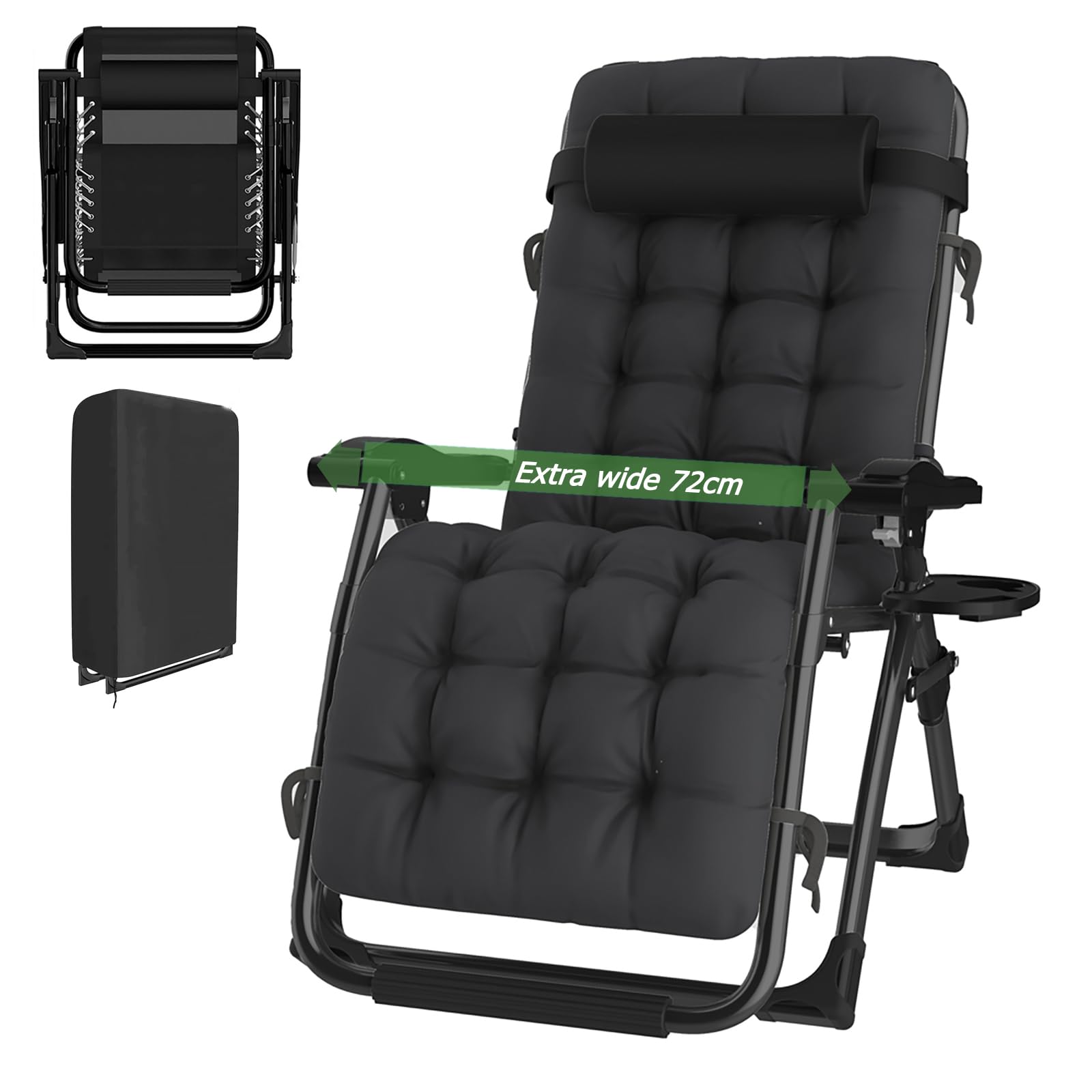 Silla Tumbona Plegable Negro Gravedad Cero 72 cm Ancha Tumbonas Jardin Exterior con Almohada Cervical Desmontable, Cojín y Funda Tumbona, Ideal para Terraza, Jardín, Playa