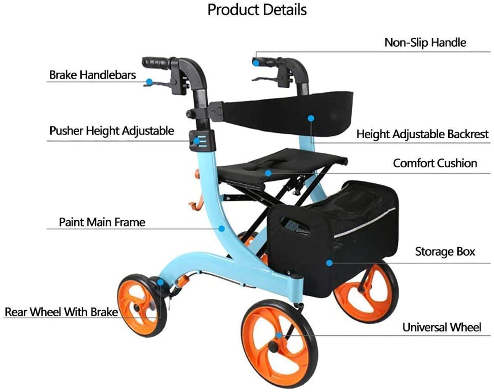 Deambulatore con sedile, sistema di frenata, maniglie e schienale confortevoli, carrello della spesa pieghevole, deambulatore per anziani, ausili per la mobilità