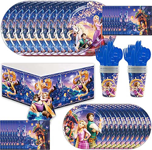 81 pièces Princesse Tangled Raiponce Thème Vaisselle Fête Anniversaire Enfant Kit de décoration pour vaisselle de fête, anniversaire d'enfant, décoration de table pour 10 enfants