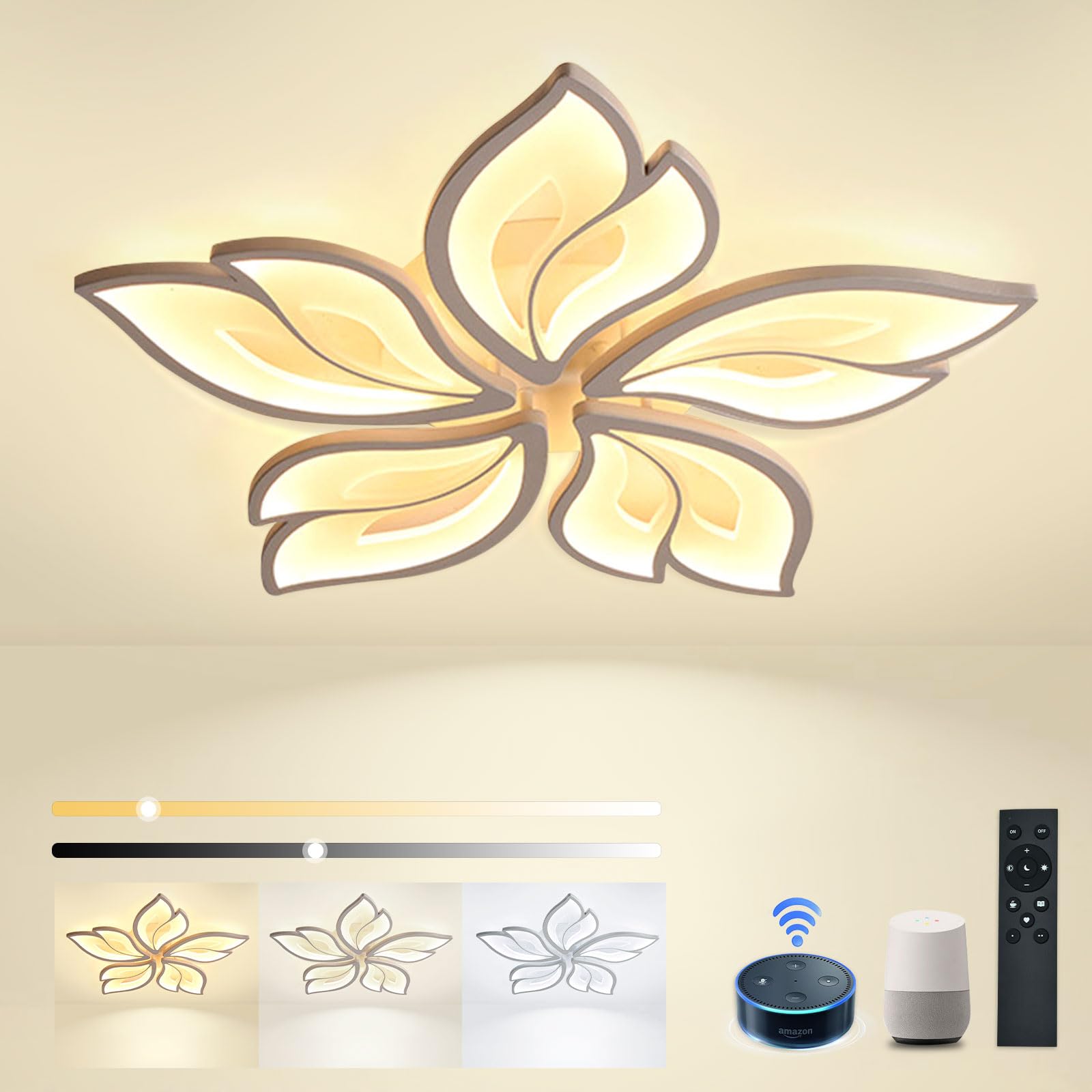 Sky angle Plafoniera LED Soffittocon ALEXA e Google Home, Lampada da Soffitto Moderna Design a Petalo Elegante per Soggiorno Camera da Letto Sala da Pranzo Bagno (Diametro 63cm)