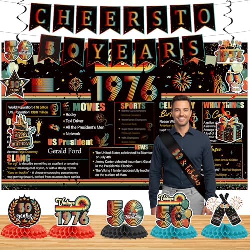 Lovarywow 50th Birthday Decorations for Men Women - 14PCS Vintage 1976 Birthday Banners Hanging Swirls Honeycomb Centerpieces Backdrop Sash Party Decor, Happy Fifty 50 Years Old Bday Supplies