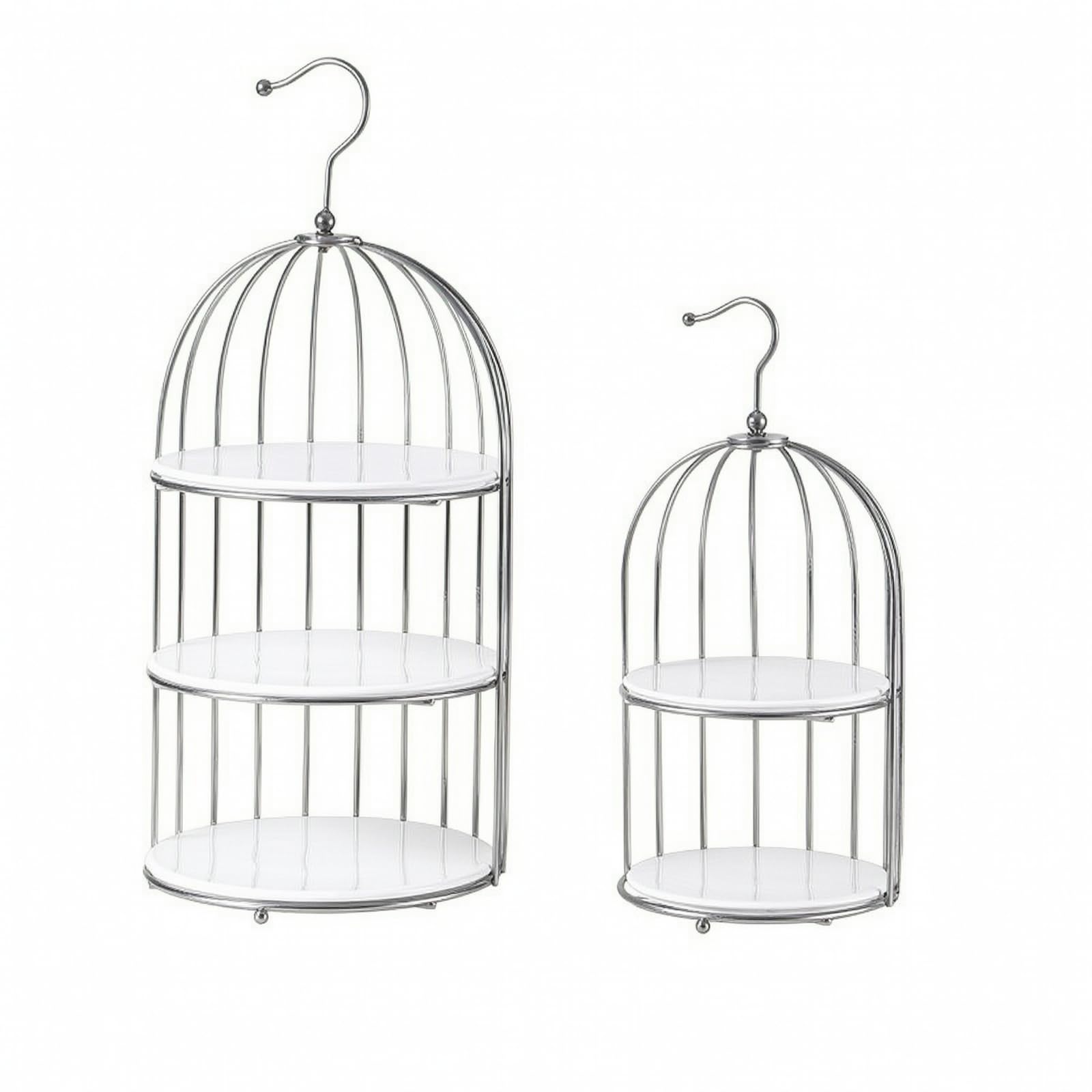 LOVIVER 2 Pezzi Espositore a Gabbia di in Ferro Elegante Alzatina con Vassoi in Porcellana Bianca Dolci per Tavolo dei Dolci, Matrimoni, Bianco Argento, Gabbia 2 Pezzi