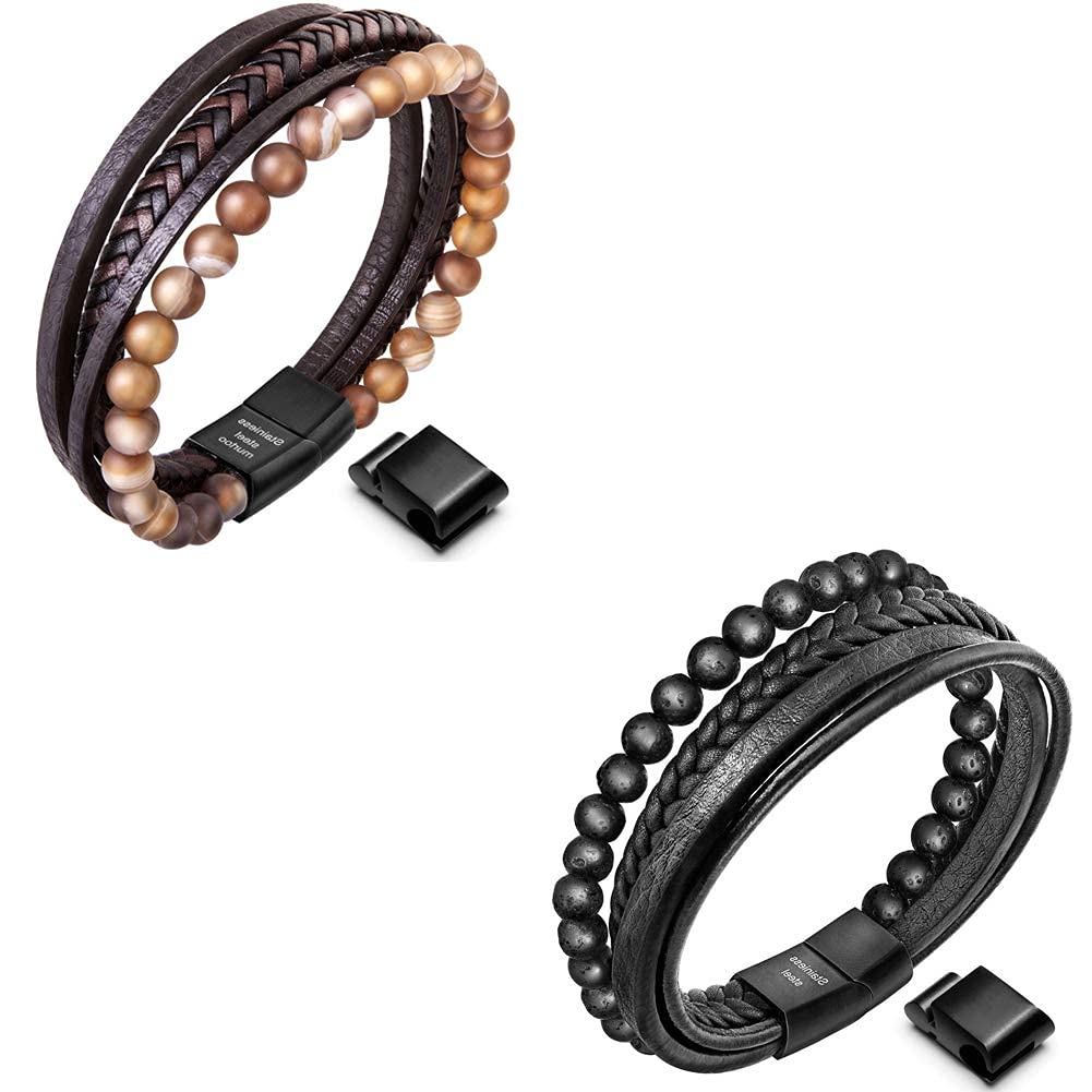Speroto mens bracelets,leather bracelets for men with magnetic clasp,black lava bead and browm bead in 8.7'