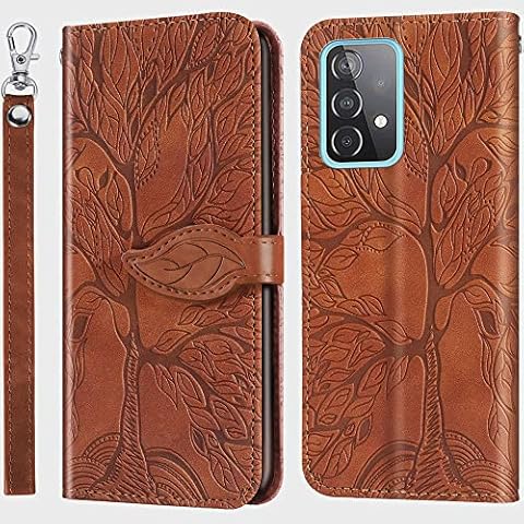 Samsung Galaxy A52 Case, Samsung A52 5G / A52 4G / A52s 5G Wallet Case, MEUPZZK Embossed Tree Premium PU Leather [Kickstand] [Card Slots] [Wrist Strap] [6.5 inch] Phone Cover for Samsung A52 (R-Brown) Cover