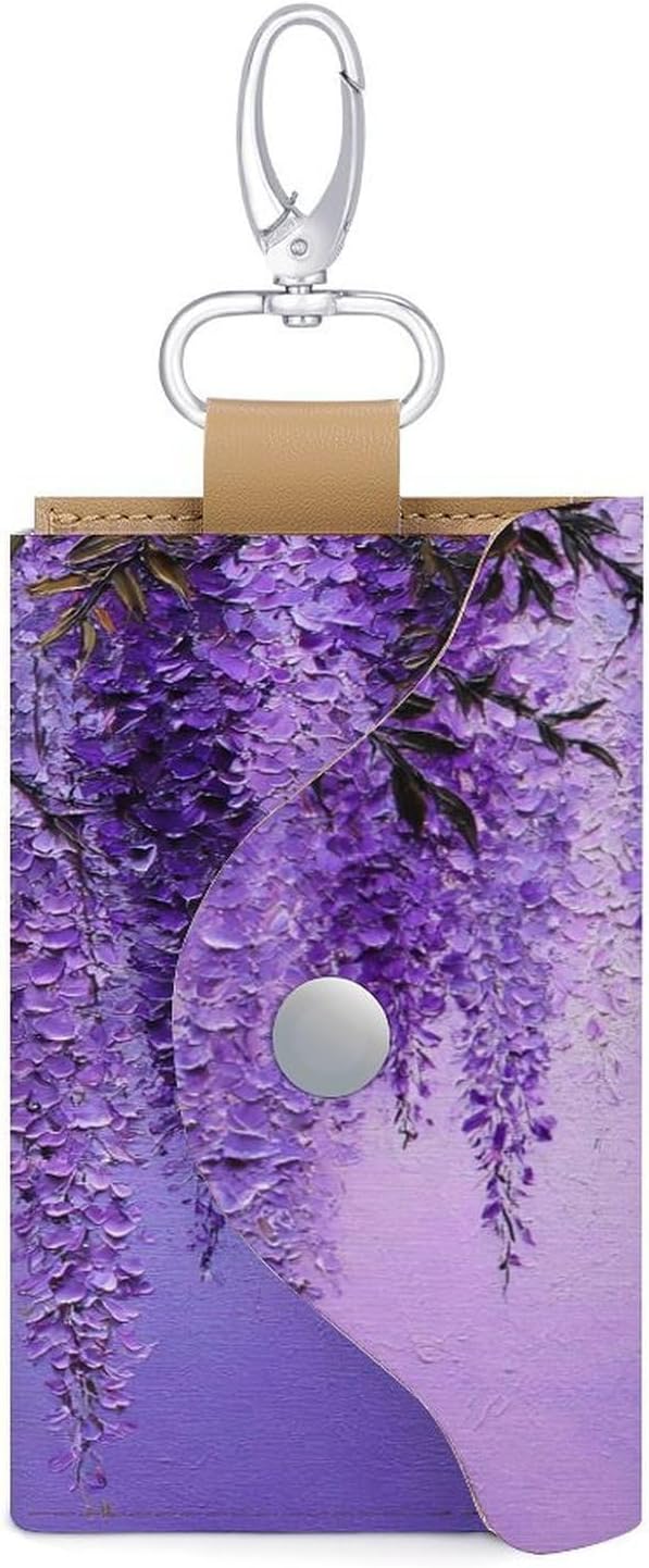 Pastel Purples Wisteria Flowers Key Holder Bag PU Leather ID Card Holder Keychains Case Cover for Men Women