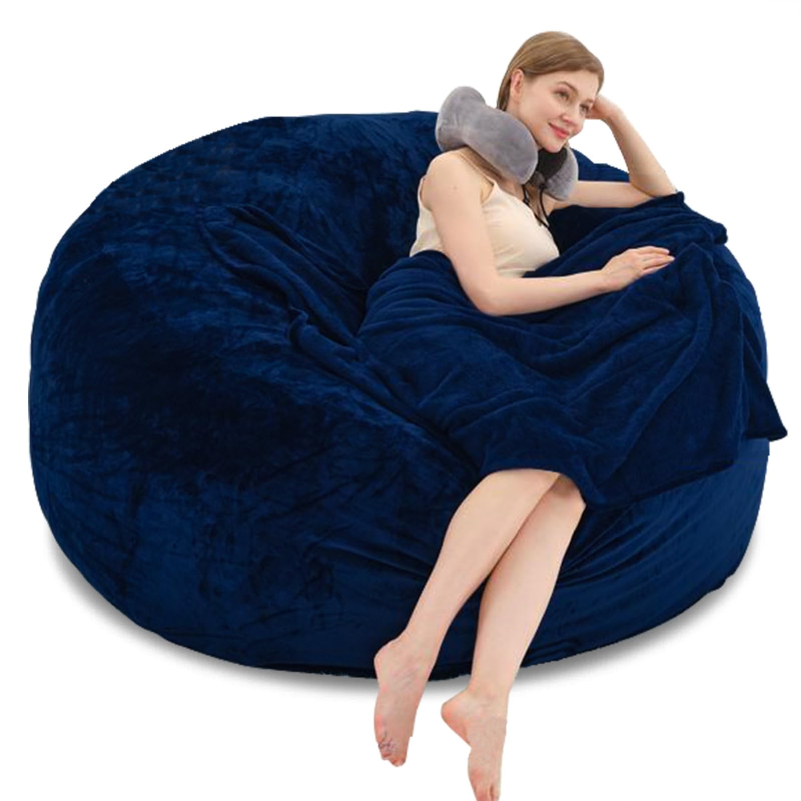 6FT Oversized Bean Bag?Bean Bag Chair with Filler Included?Foam Chairs for Adults?Memory Foam Bean Bag?Washable Soft Flannel, Suitable for Reading Leisure Chairs in Living Room.(Blue, 6FT)