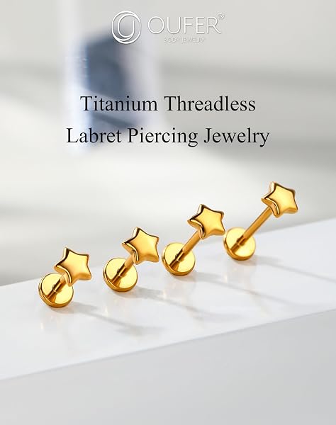 OUFER Body Piercing Helix Sutd 16G/18G/20G Titanium Star Labret Piercing Push-Pin Flat Back 0.8/1.0/1.2mm 5/6/8/10mm Silver Gold Lip Tragus Conch Cartilage Piercing Jewelry - 3