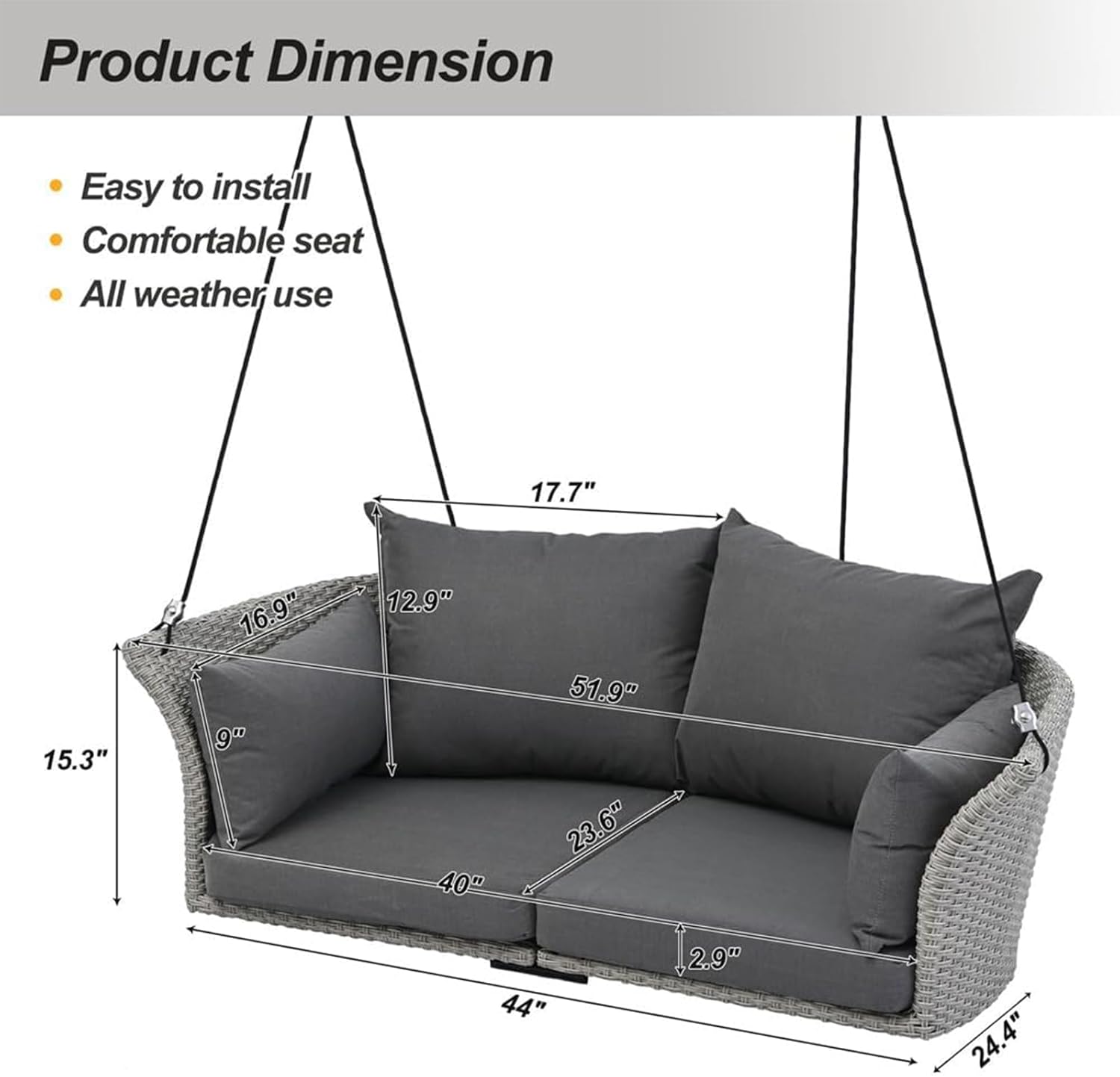 51.9" 2-Person Rattan Woven Hanging Swing Chair, Gray Wicker Porch Swing with Ropes and Cushions, 500lbs Capacity for Garden, Balcony, and Living Room (Gray)