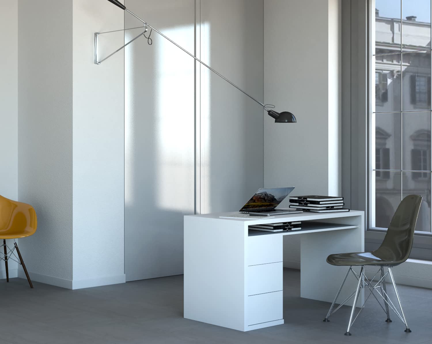COMPOSAD | Scrivania della Linea MONETA con 3 Cassetti e 1 Vano, Scrivania PC, Scrivania con Cassetti, (LxAxP) 110x75x60 cm, Colore Bianco Laccato, Made in Italy