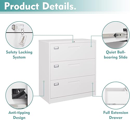 Vista 13 de MIIIKO Archivador lateral de 2 cajones con cerradura, archivador para oficina en casa, fácil de montar, archivador de almacenamiento de metal