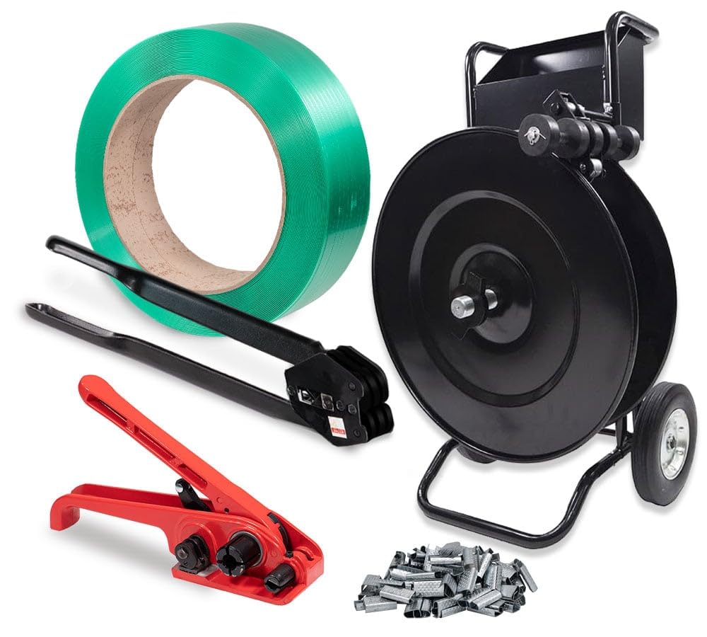 Mytee Products Banding Packaging Polypropylene Strapping Kit - Strapping Tensioner Tool, Strapping Cart, 100Pcs Strapping Clips, Banding Sealer Tool,