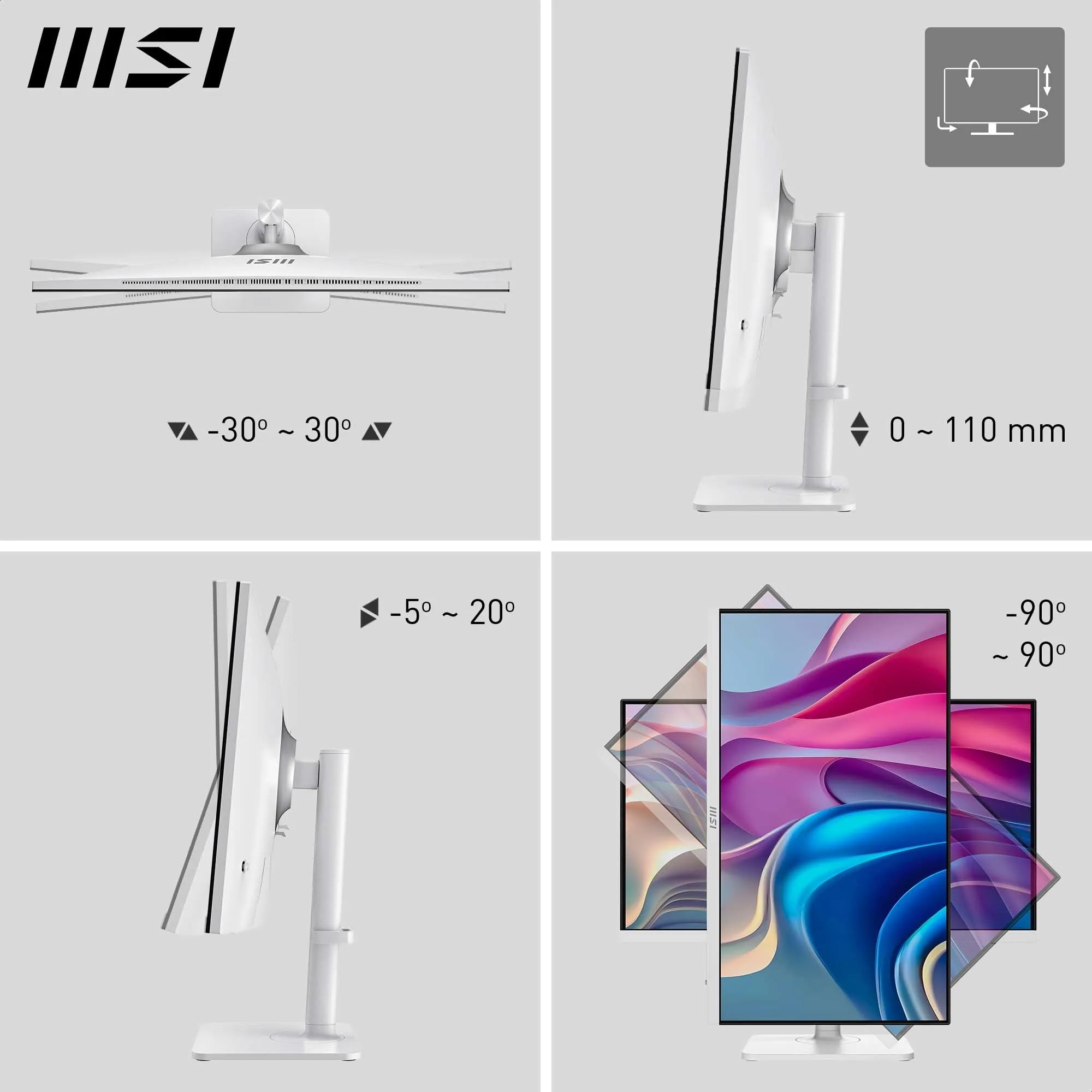 MSI Modern MD272UPHW Monitor da ufficio UHD 27" – Pannello IPS 3840 x 2160, 60Hz, schermo eye-friendly, supporto regolabile in 4 direzioni – HDMI 2.0b, DisplayPort 1.4a, Type-C, USB-B, USB-A