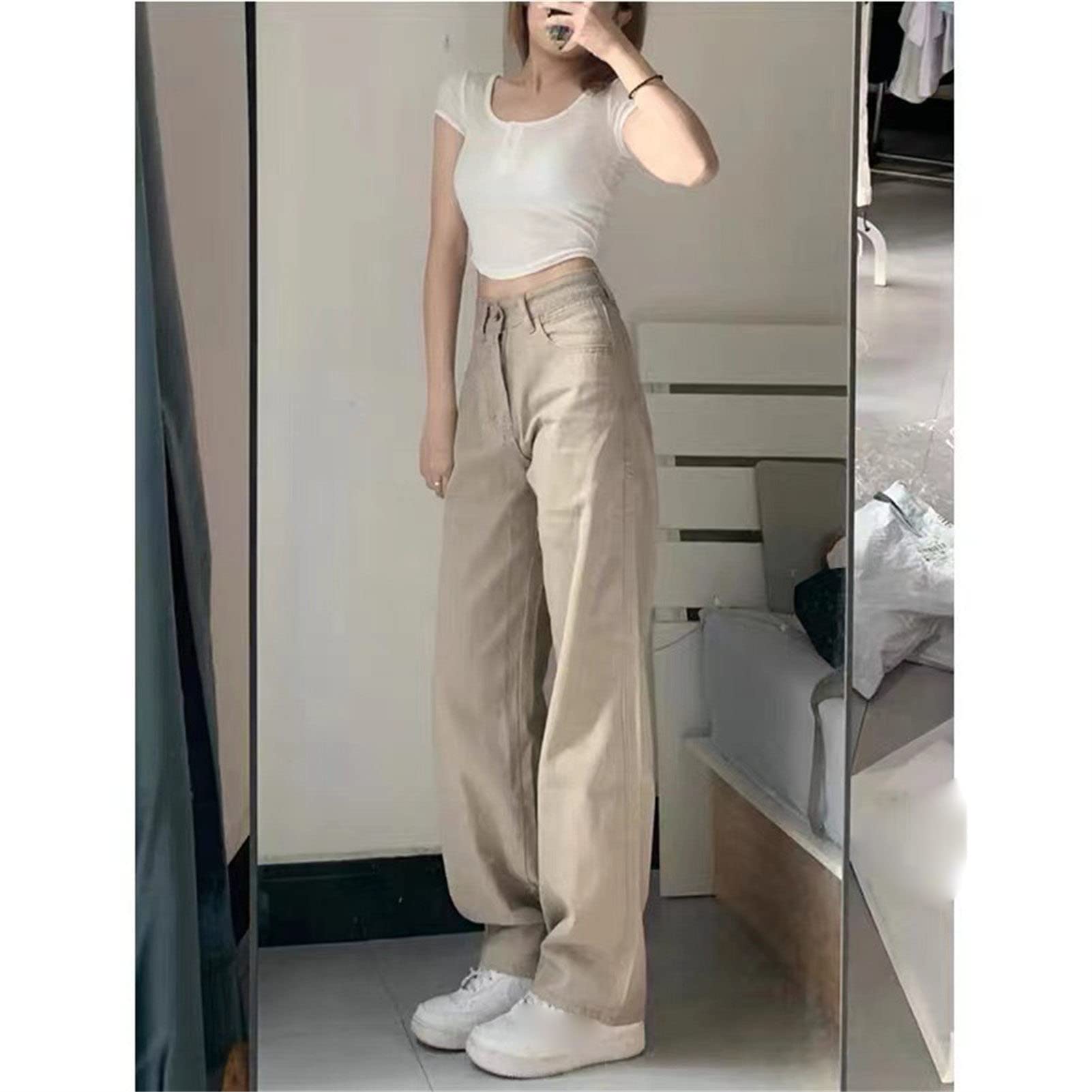 Maiyifu-GJ Women's Khaki Wide Leg Jeans High Waisted Slim Flared Denim Pants Casual Boyfriends Jean Trousers Streetwear (Apricot,Large)