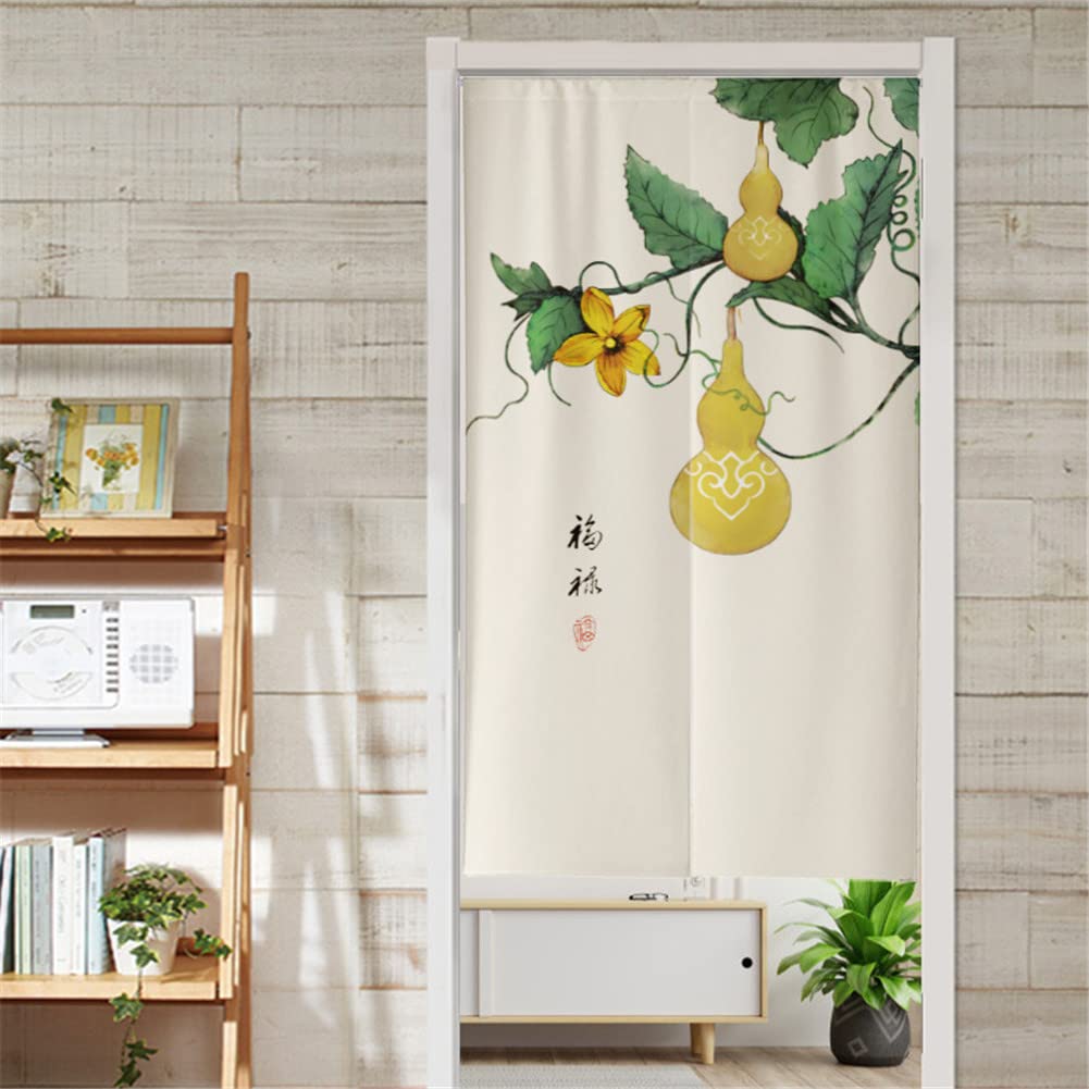 Hiseng Japanese Noren Curtain Long Type Door Tapestry for Home Decoration, Bedroom Kitchen Restaurant Bathroom Doorway Curtain, Toilet Partition Hanging Curtain (90x180cm,gourd leaves)