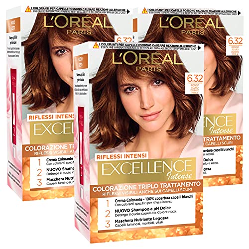L'Oréal Paris Excellence Intense Coloración Permanente 6.32 Rubio Oscuro Dorado Perla Triple Tratamiento – 3 tintes