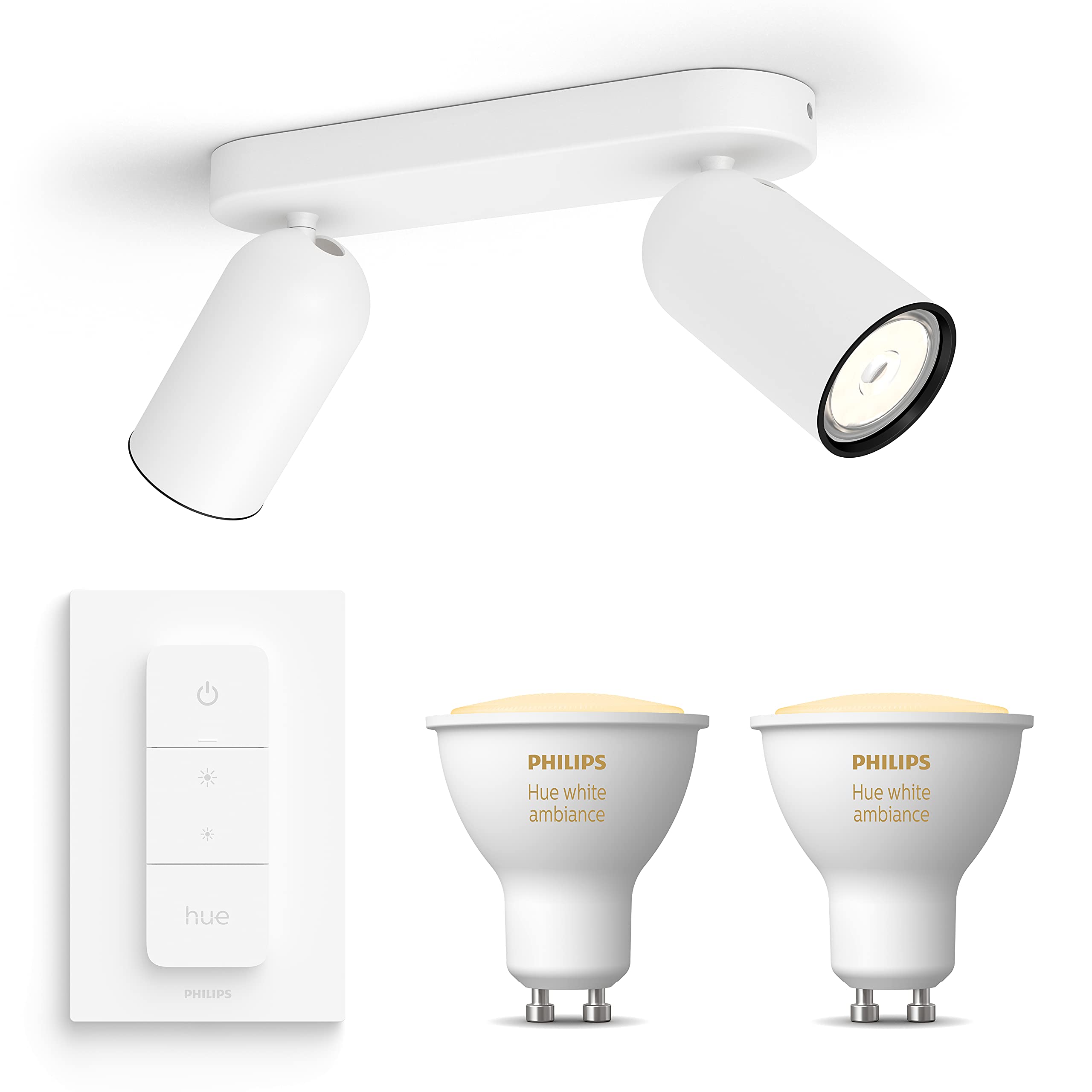 Philips Hue Pongee Spot en saillie (Blanc) - Lumière blanche chaude à froide - Comprend un Variateur de lumiere Hue - Spot en saillie avec 2 points lumineux - GU10 - Hue White Ambiance