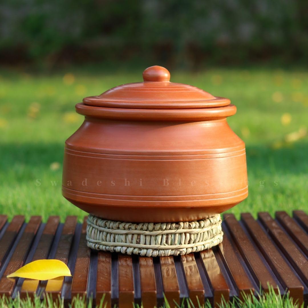 Swadeshi Blessings Unglazed Clay Pot for Cooking with Lid/Clay Cooking Pot/Earthen Pot/ClayHandi/Earthen Kadai/Curry, Biryani Pots & FREE ASH For Cleaning (5 Liters)