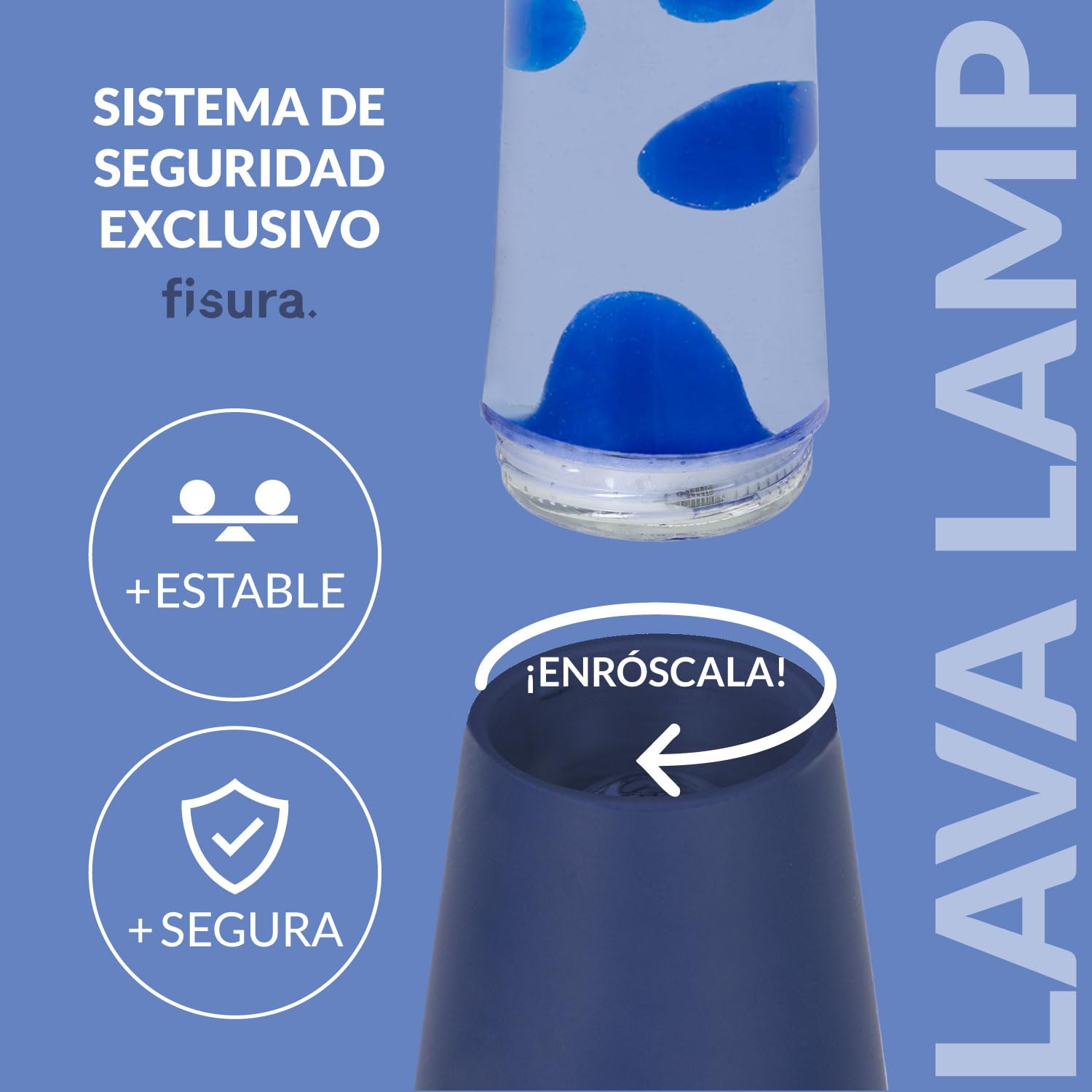 Fisura - Lámpara de lava azul. Base y lava azul con líquido transparente. Lámpara efecto relajante. Con bombilla de repuesto. 11 cm x 11cm x 39,5 cm.