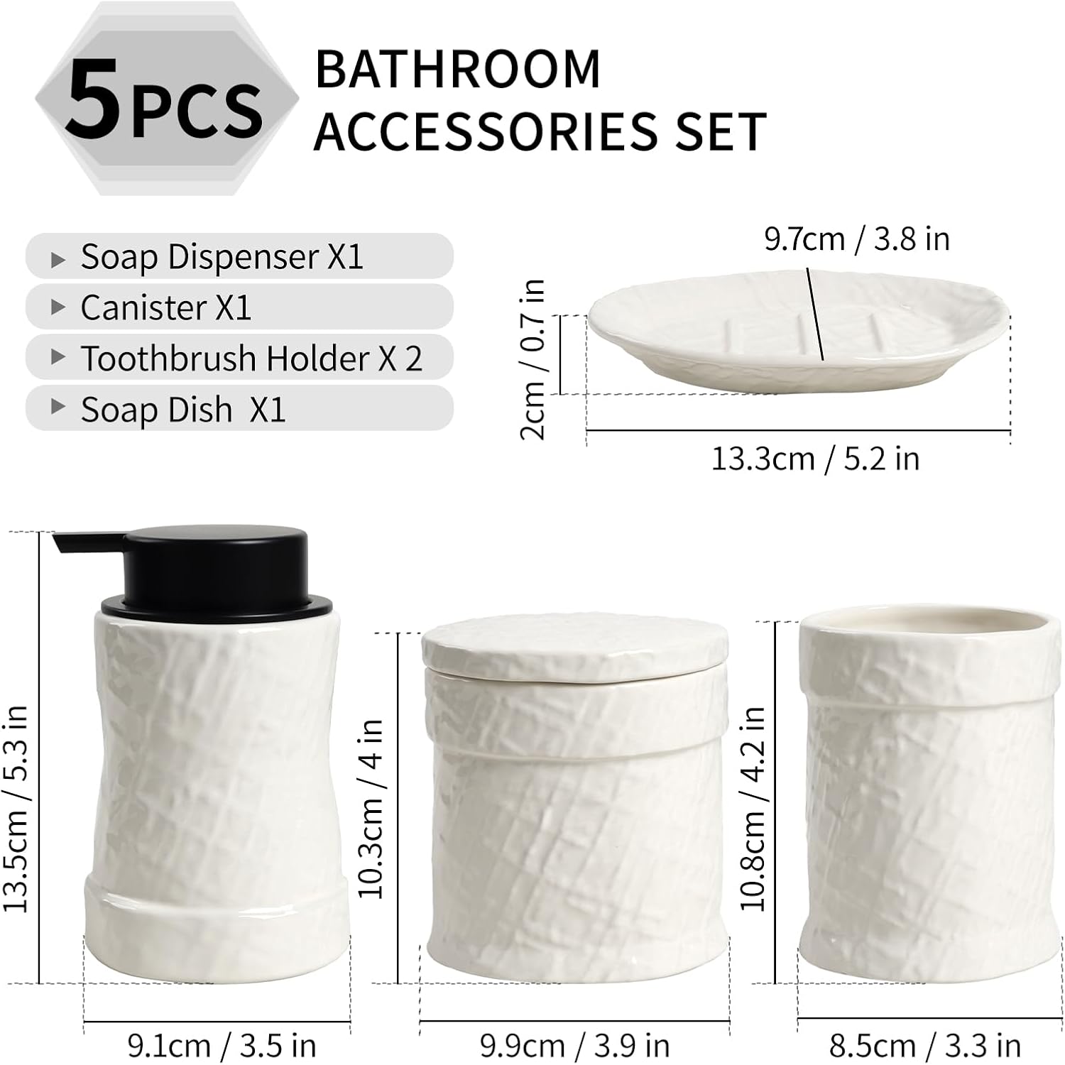 White Bathroom Accessory Set 5PCS, Ceramic Bathroom Accessories Set, Minimalist Textured Design Liquid Soap Dispenser Set Complete, Home Bathroom Decor Vanity Countertop, ANTIS'S HOME