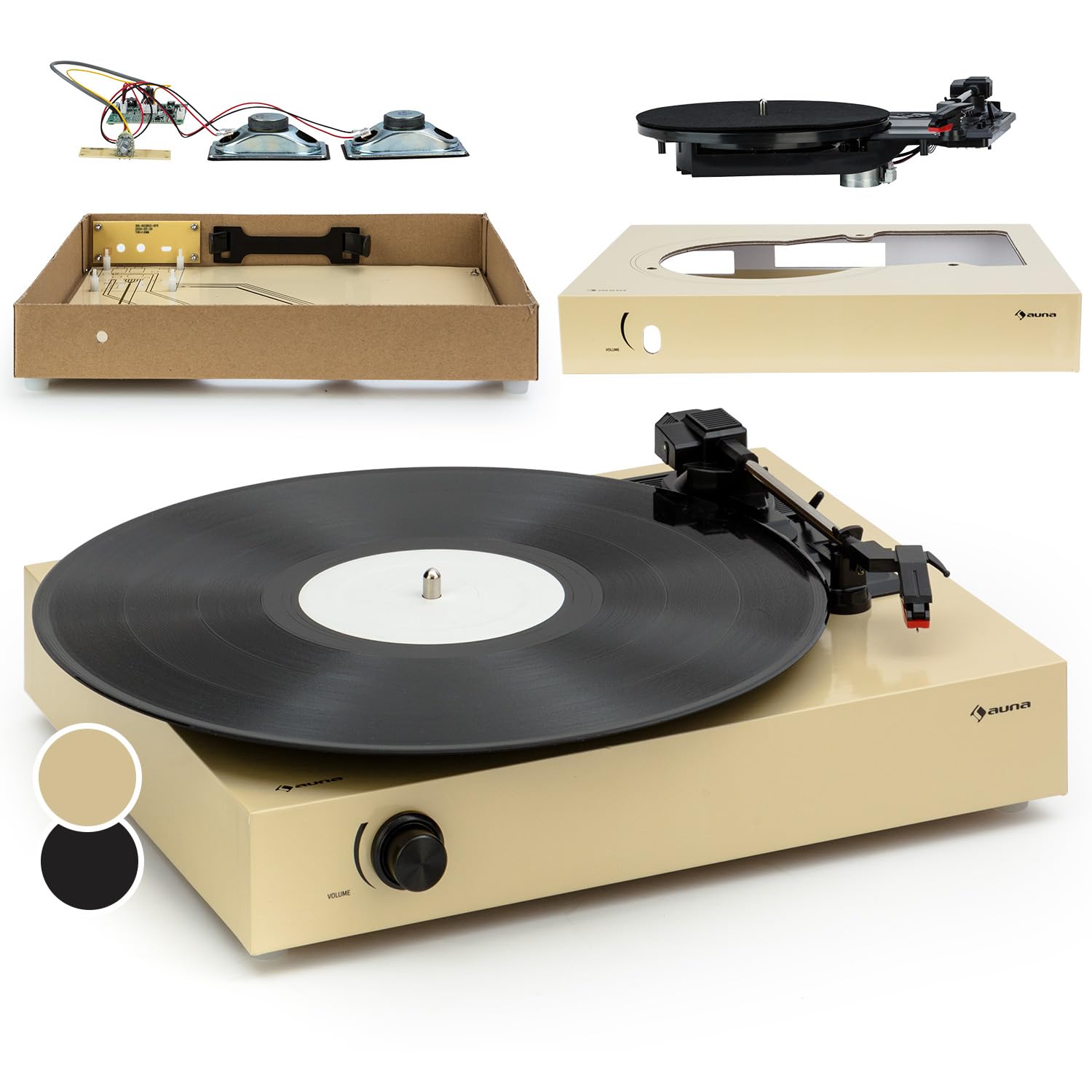 Auna Giradischi Portatile per Dischi in Vinile, Lettore Vinile a 3 Velocità di Riproduzione, Giradischi Vinili Vintage con Casse Stereo, Gira Dischi per con Jack Cuffie e Adattatore