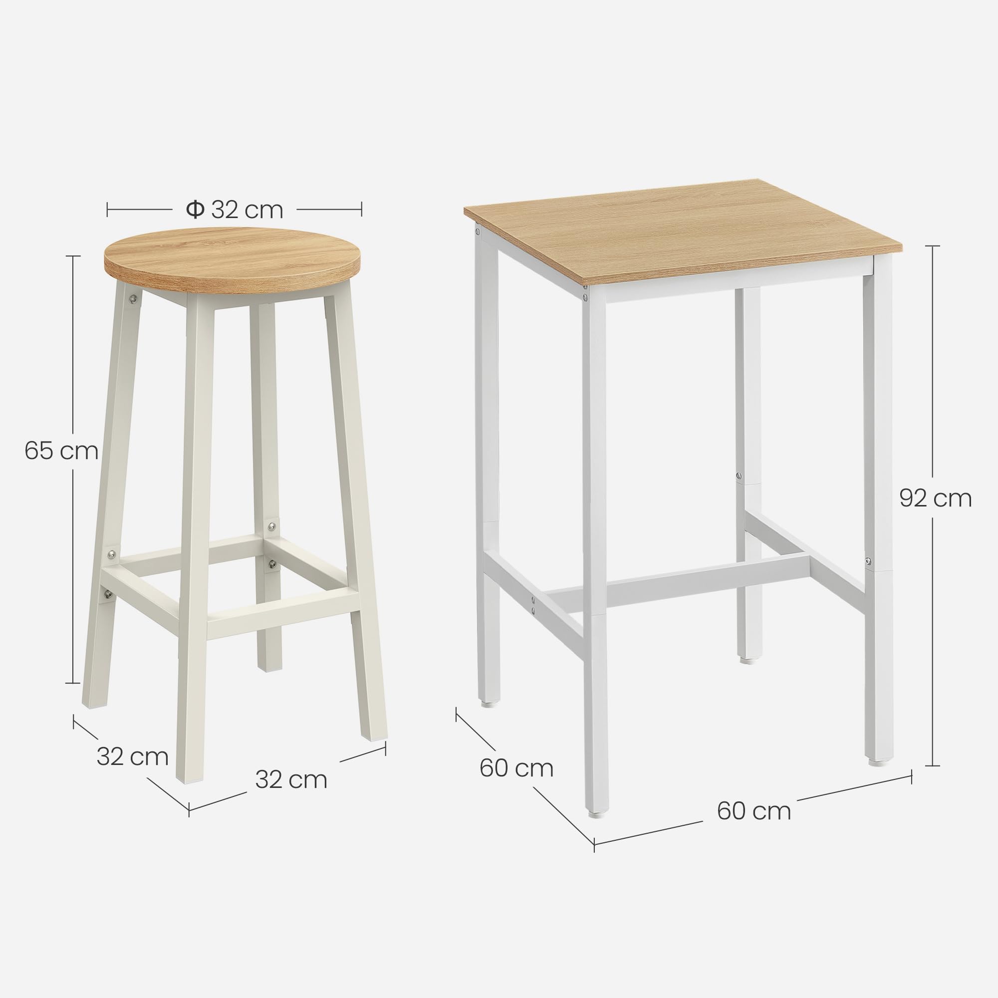 VASAGLE Ensemble Table Haute avec 2 Tabourets de Bar, Table de Bar Carrée, Table de Cuisine, Chaises de Bar, Chaise de Cuisine, Cadre en Métal, Montage Facile, Couleur Chêne Beige et Blanc LBT030W09