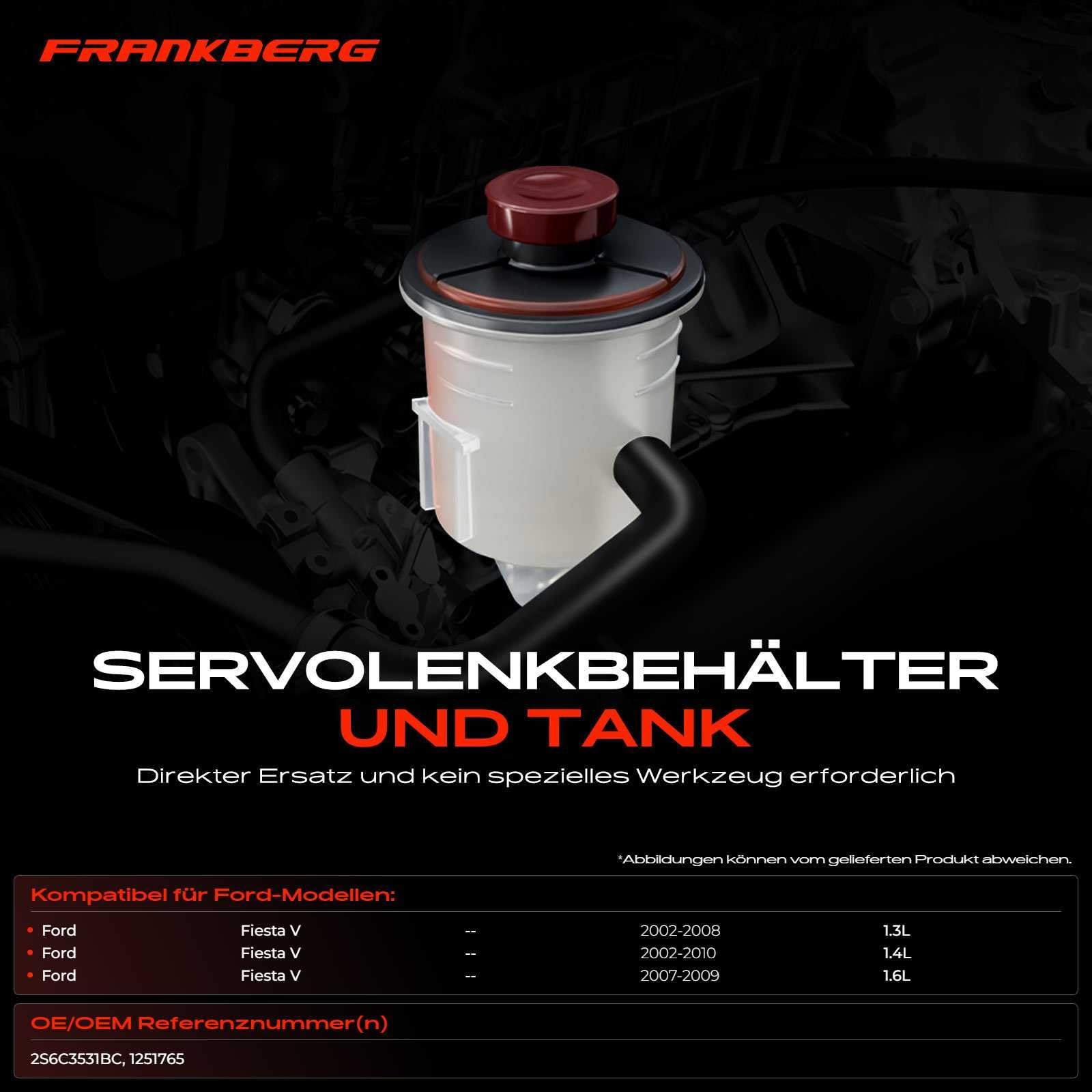 Frankberg Réservoir de Pompe Direction Assistée Compatible avec Fiesta V Fourgon 1.4 TDCi 1.4 1.3 1.6 TDCi 2002-2010 Remplacer# 1251765, 2S6C3531BC