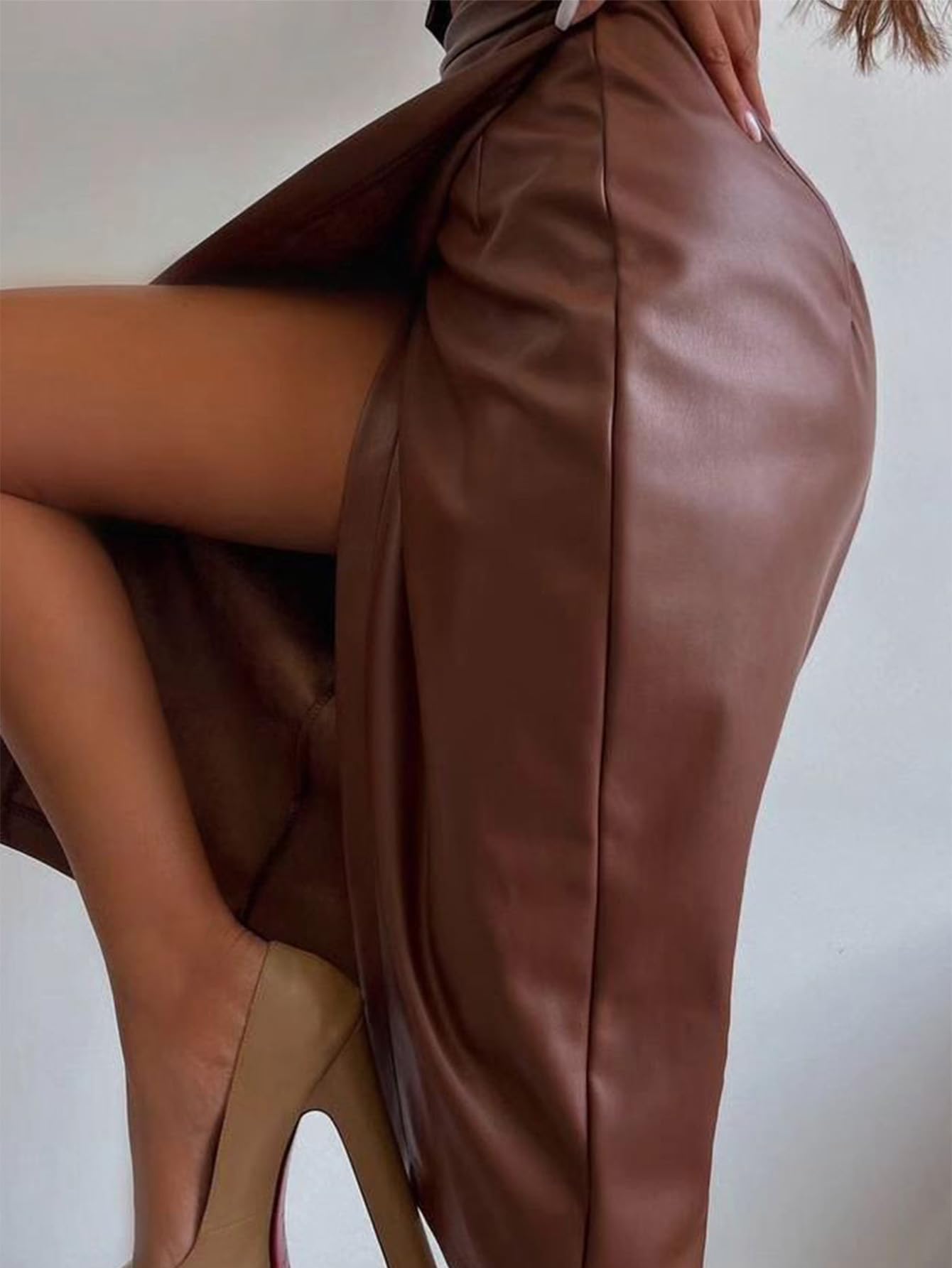 utcoco Gonna lunga da donna in finta pelle, elegante, a vita alta, aderente, per cocktail party e matrimoni