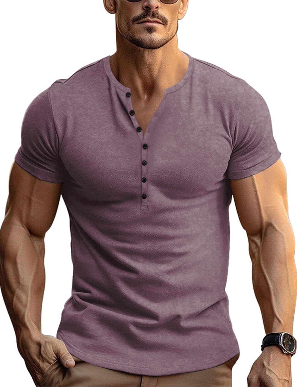 Gnvviwl Retro Henley Shirts for Men Short Sleeve Distressed Casual Button Slim Fit Tee Shirts