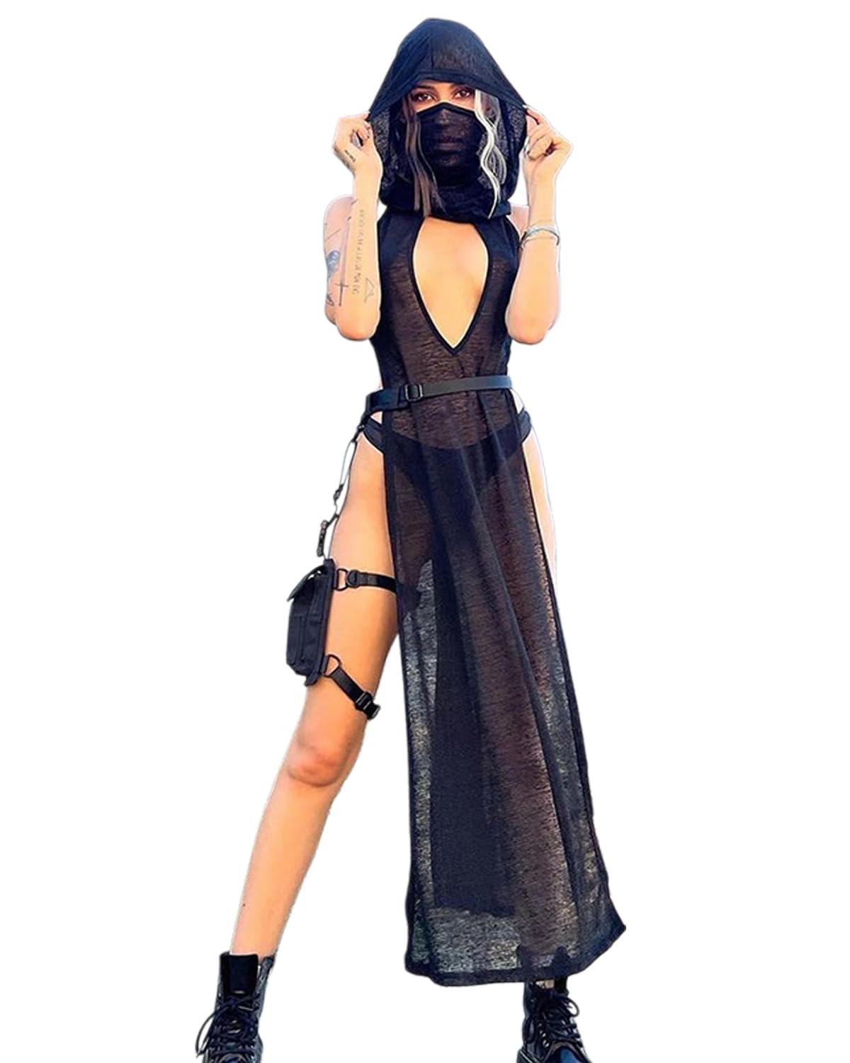 Women Hooded Long Dress Sexy Mock Turtle Neck Plunging Cut Out High Slit Sleeveless Sheer Maxi Dresses