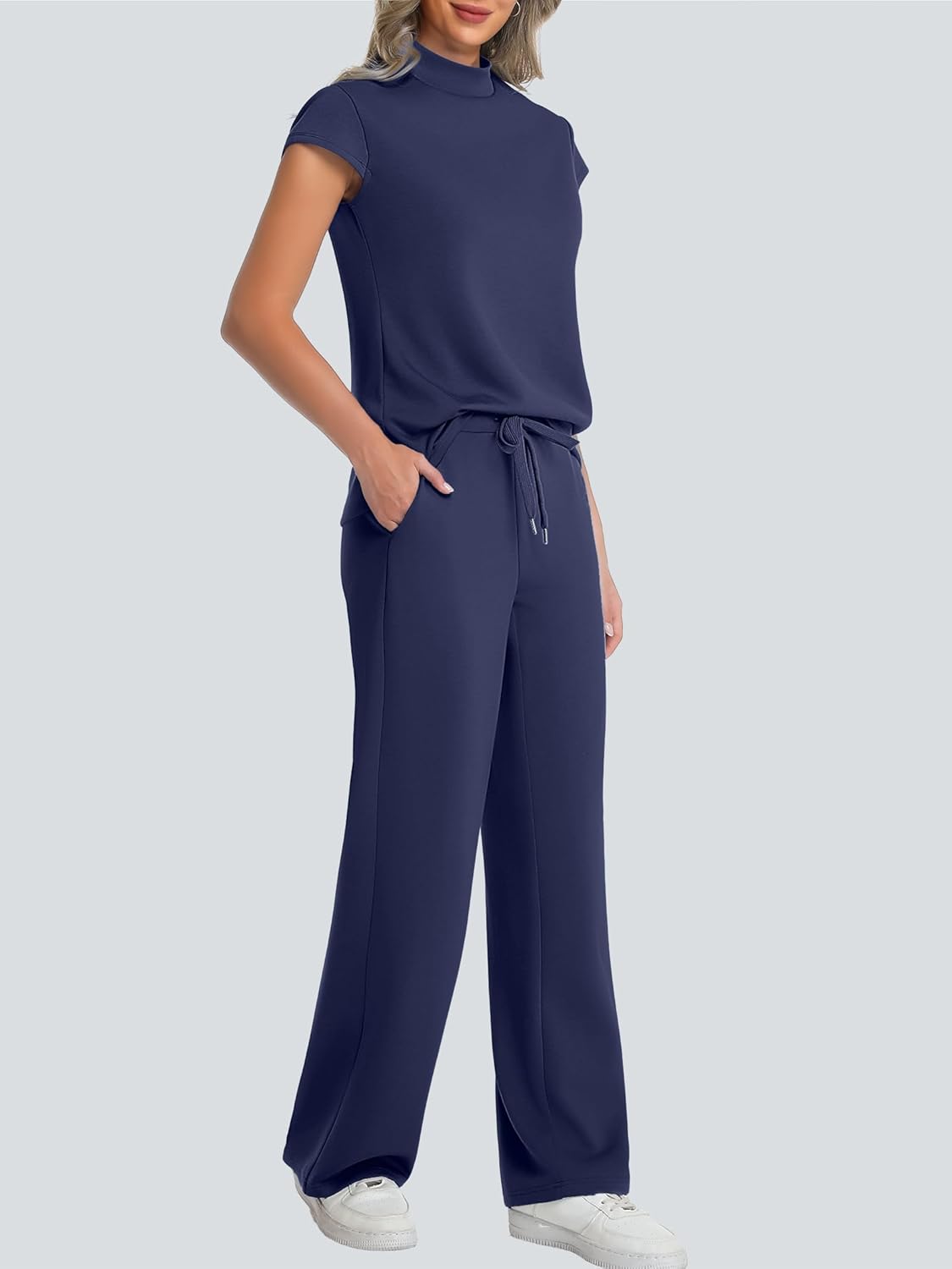 Casly Lamiit Two Piece Sets for Women 2026 Summer Travel Outfits Mock Neck Cap Sleeve Tops Lounge Set Wide Leg Pants - Image 4