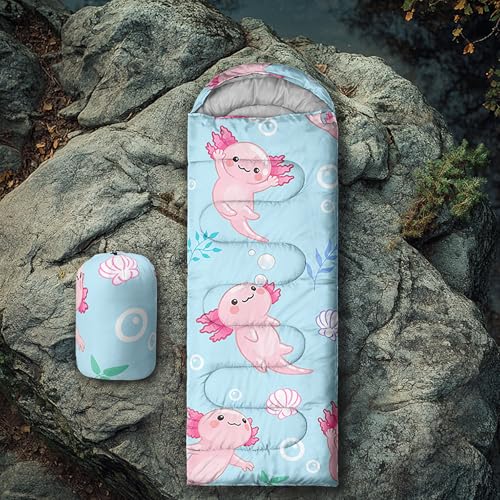 Image of QOOMO Axolotl Cute Camping Sleeping Bags,3 Season Warm & Cool Weather,Lightweight,Waterproof Sleeping Bags for Adults & Kids,Traveling,and Outdoors
