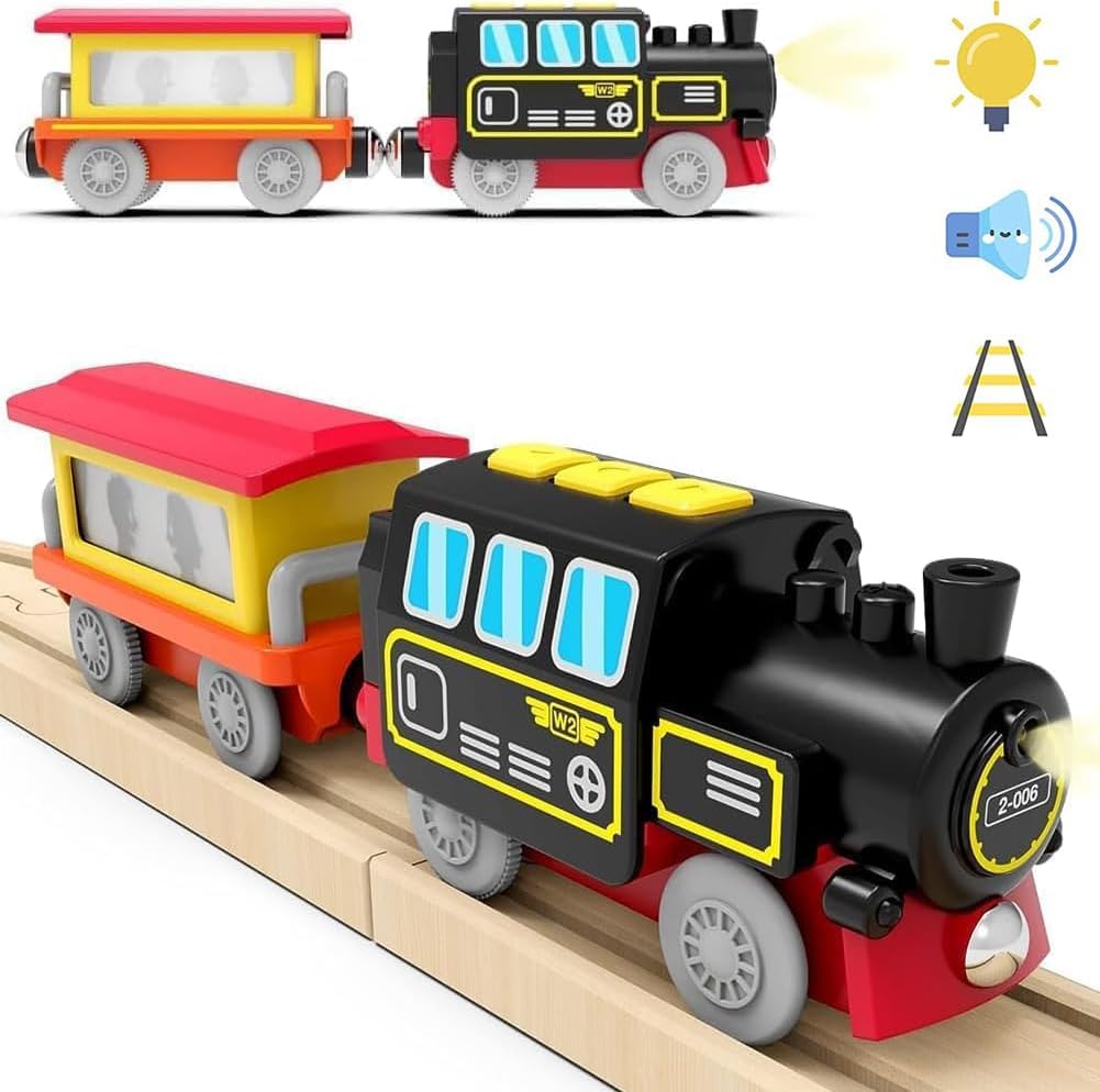 TOPLIVING Battery Operated Locomotive Train Set for Wooden Rails, Powerful Locomotive Train Vehicles Electric Cars with Light & Sound for Toddlers, Compatible with Thomas, Brio, Chuggington