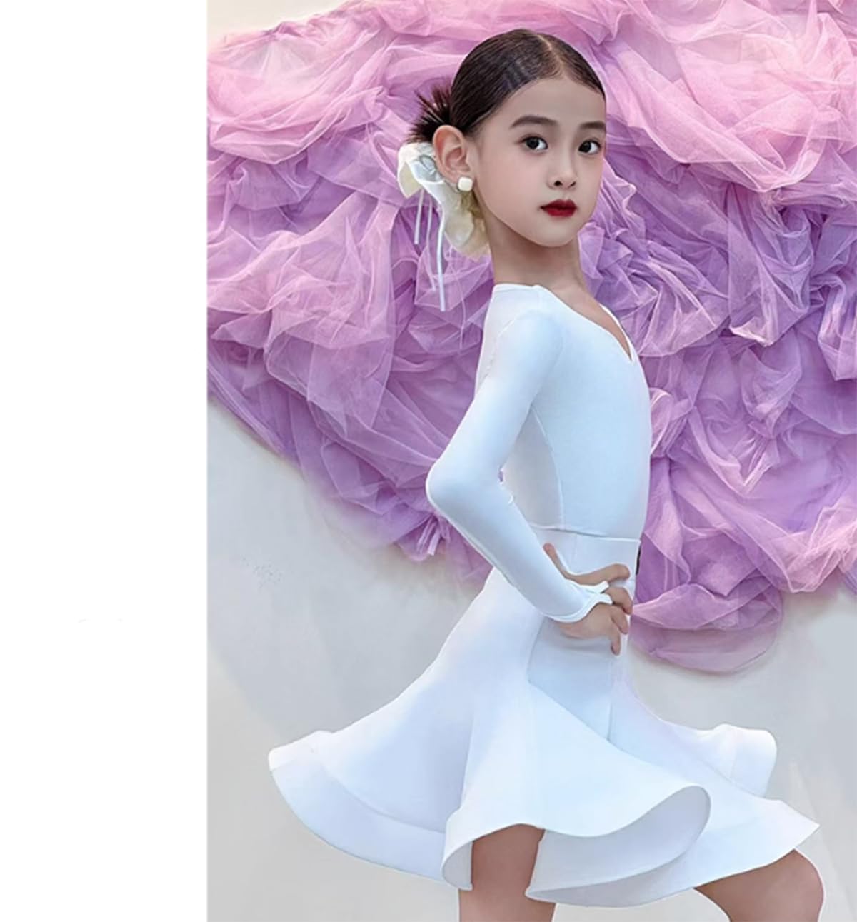 Vestido Profesional de Baile Latino para niñas Ideal para Tango Salsa Samba y Bailes de salón Traje para competición o presentación en el Escenario,Blanca,180cm