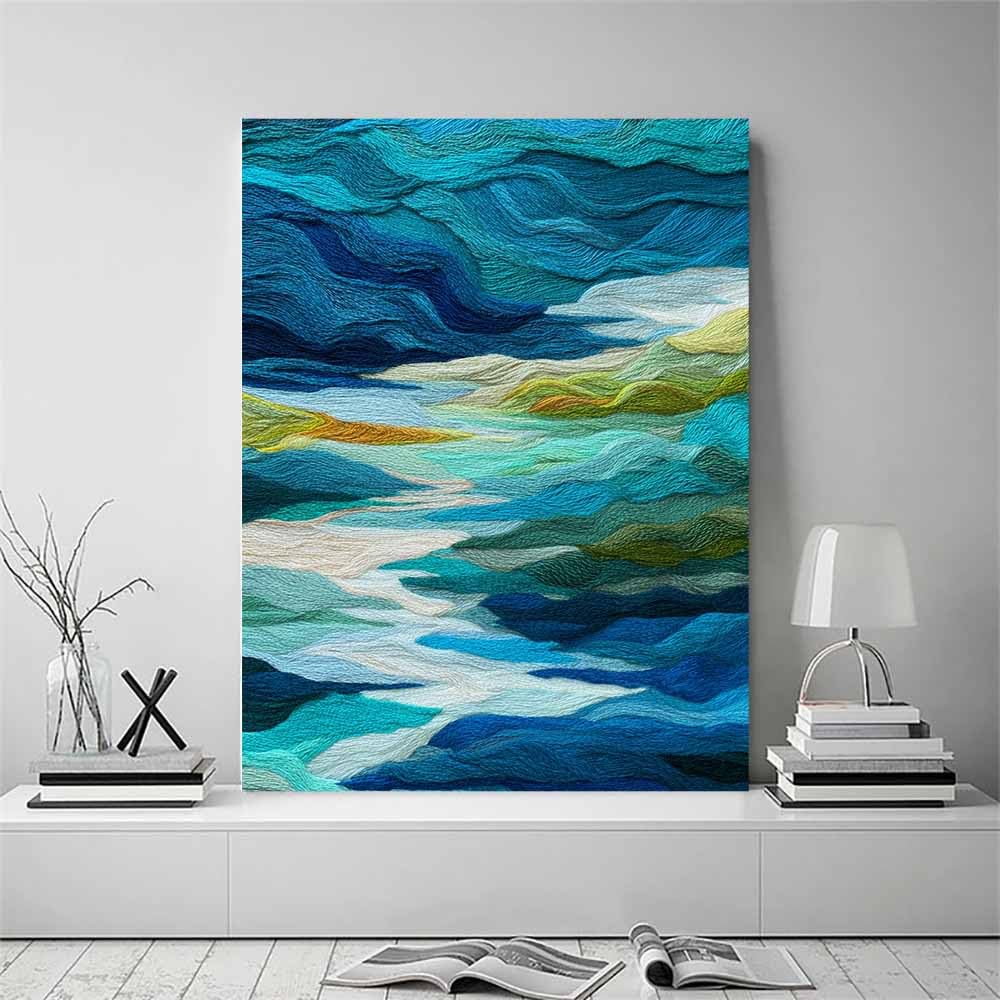 WUFIEA Pintura lienzo abstracta carteles e impresiones Ondas tejidas para decoración de sala de estar regalo（Azul175-60x80cm Enmarcado