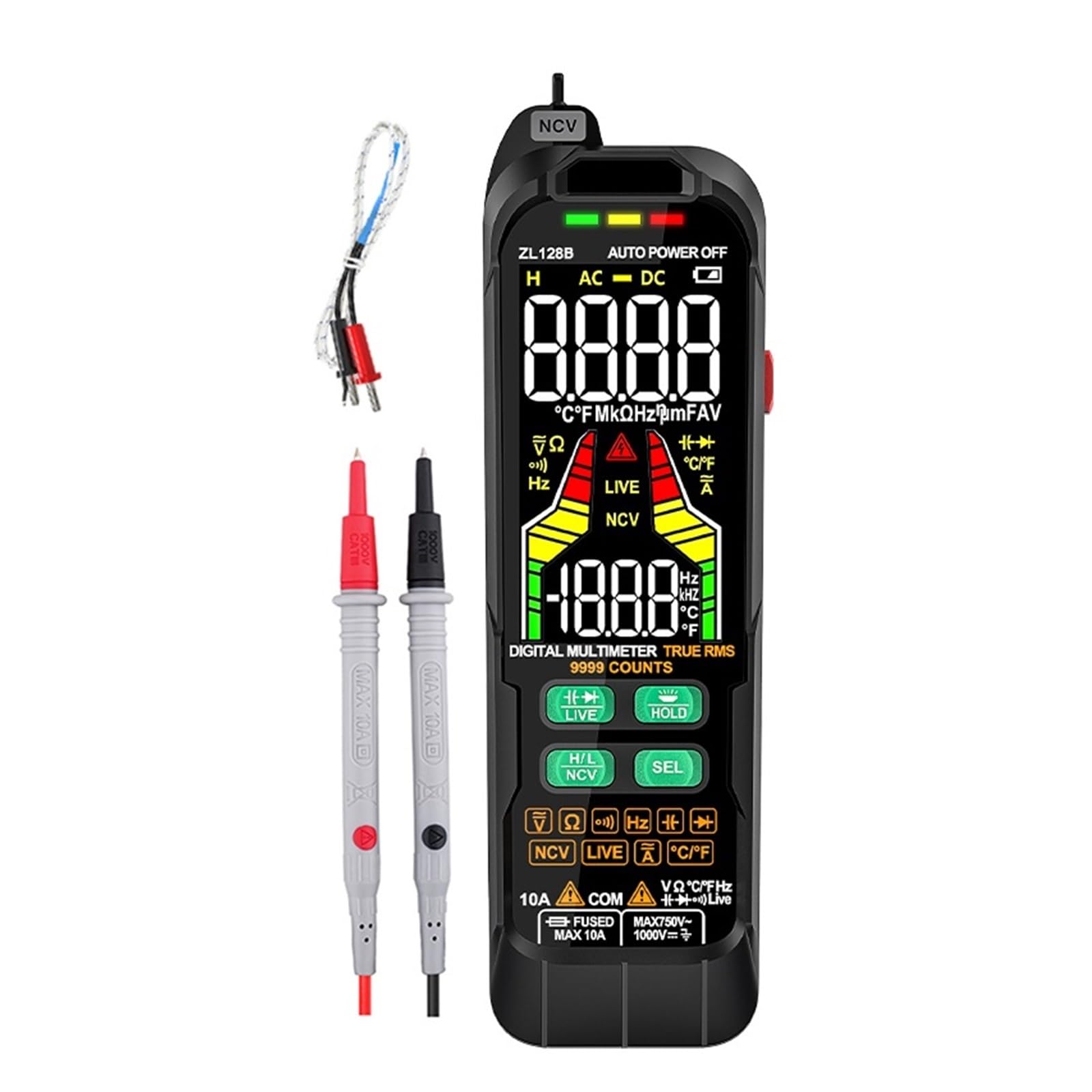 Tester Multimetru USB Charge Multimetr Cyfrowy 9999 Kolorowy Wyświetlacz LCD DC AC Napięcie Prądu Pojemność Multimetro NCV Tester Drutu Na Żywo Precyzja Bezpieczny(128A)