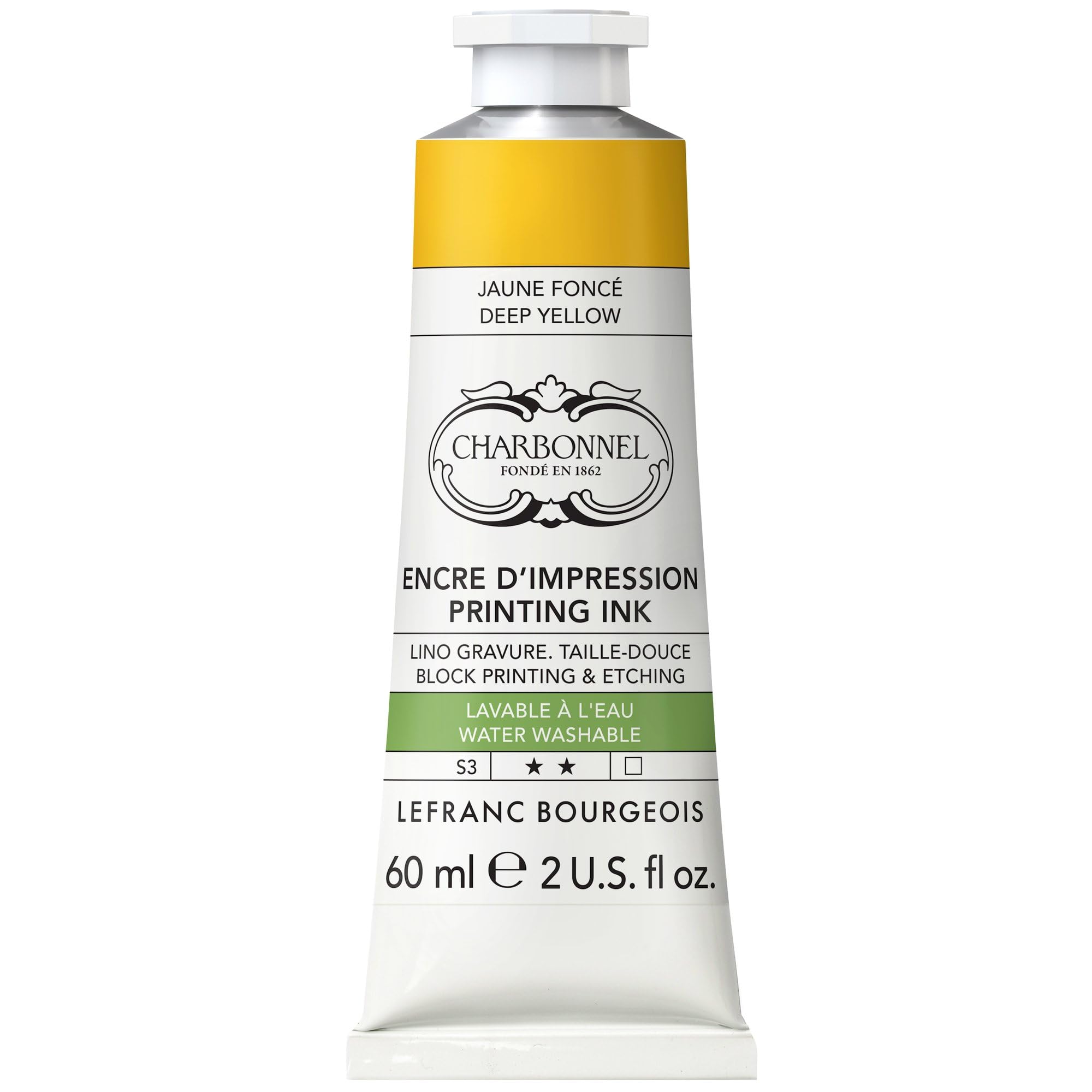 Lefranc Bourgeois 301491 Charbonnel, wasserabwaschbare Kupferdruckfarbe mit ausgezeichnete Lichtechtheit, Vegan, 100% Lösemittelfrei - 60ml Tube - Dunkelgelb