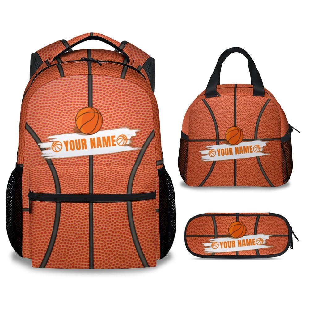 FLEXIMX Custom Basketball Backpack with Lunch Box, Set of 3 School Backpacks Matching Combo, Cute Bookbag and Pencil Case Bundle