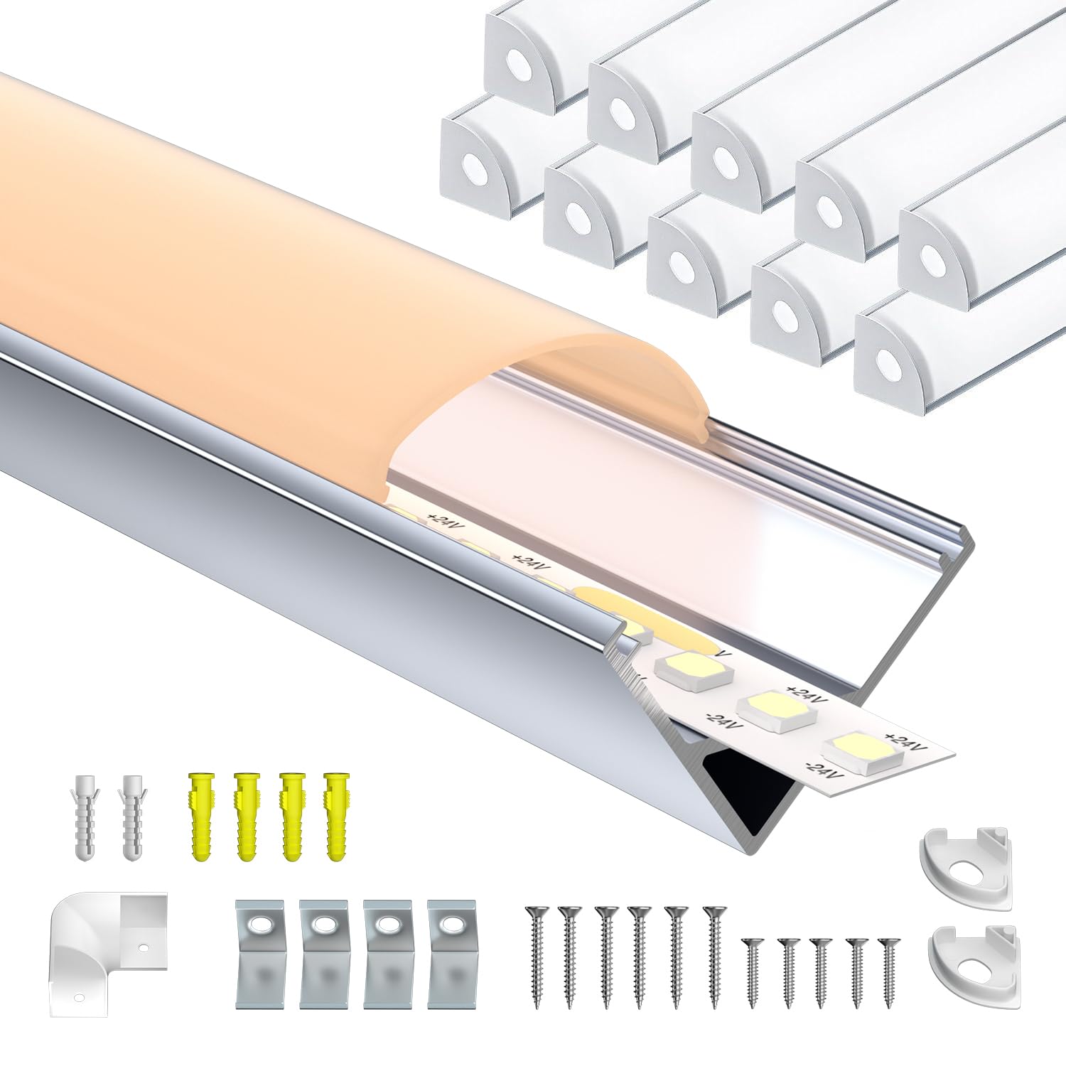 Perfil aluminio tira LED V 10 x 2m, para esquinas de 90°, incluye 10 tapas difusoras blancas, ideal para iluminación indirecta, perfil LED esquina y canaleta tira LED. (10)